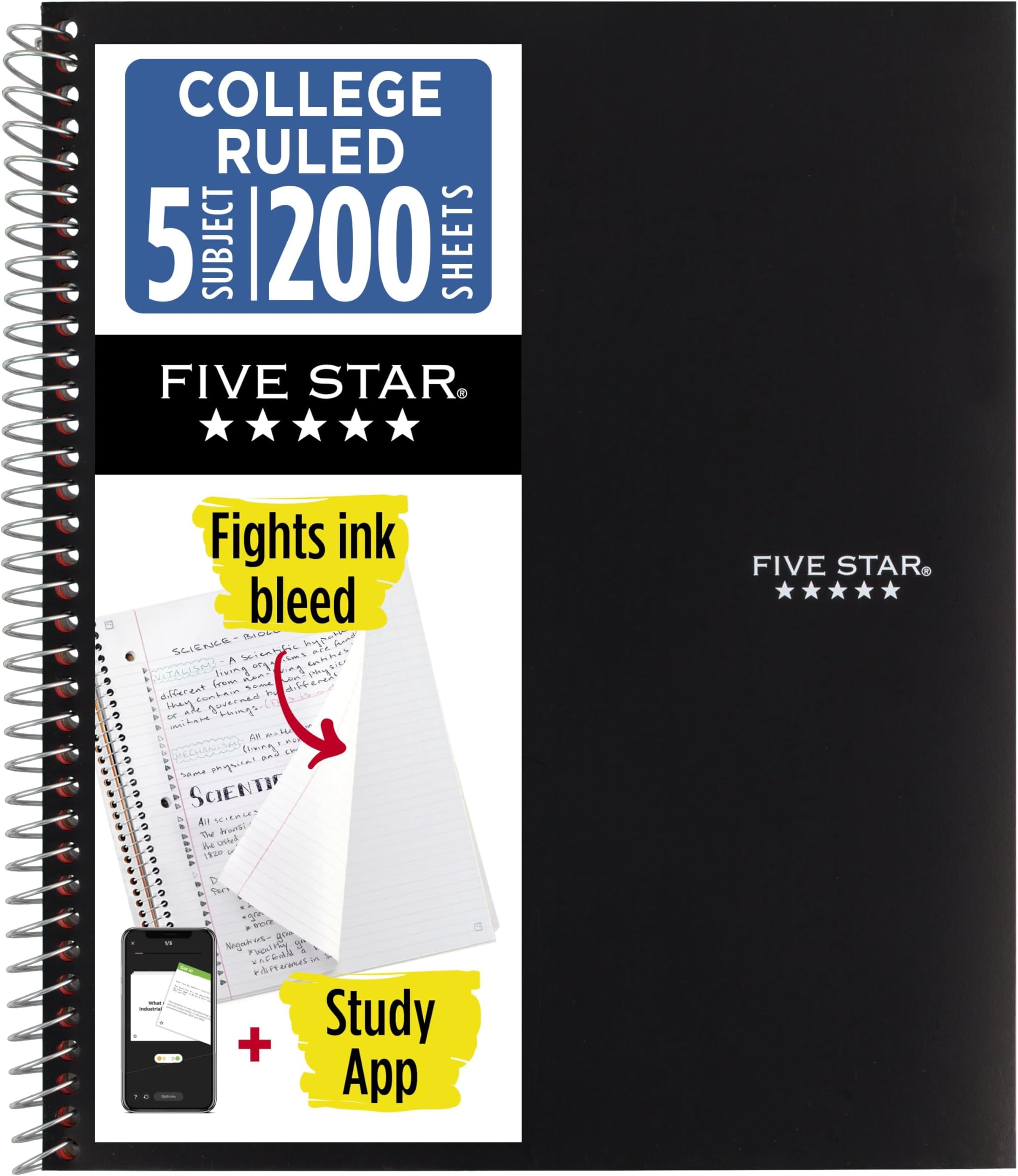 Five Star Spiral Notebook + Study App, 5 Subject, College Ruled Paper, 8-1/2" x 11", 200 Sheets, Fights Ink Bleed, Water Resistant Cover, Black (72081)