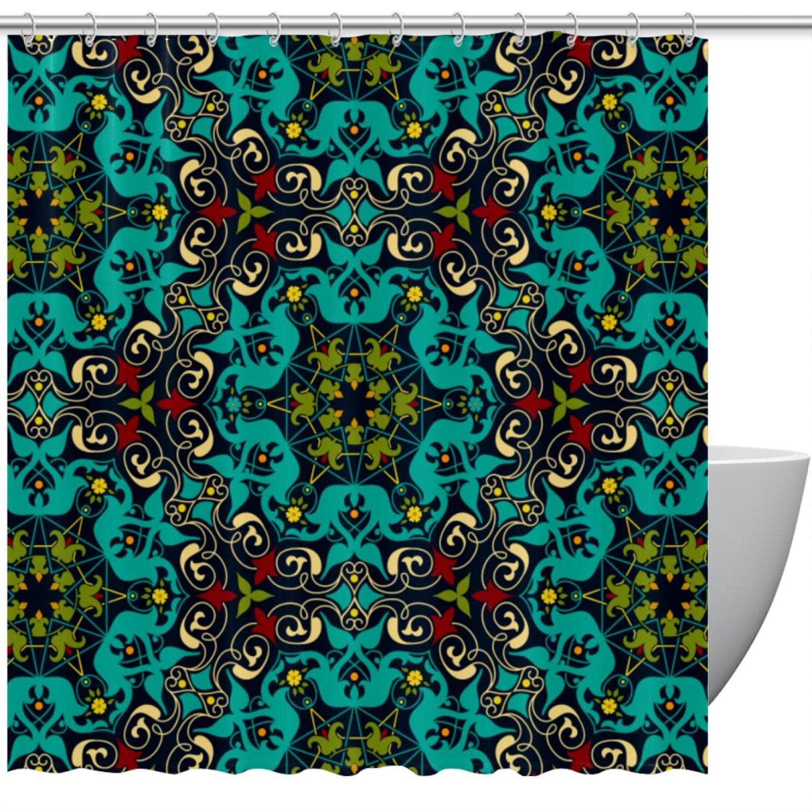 Rideau de douche anti éclaboussures mandala vert 152x182 cm pour éliminer l'eau au sol