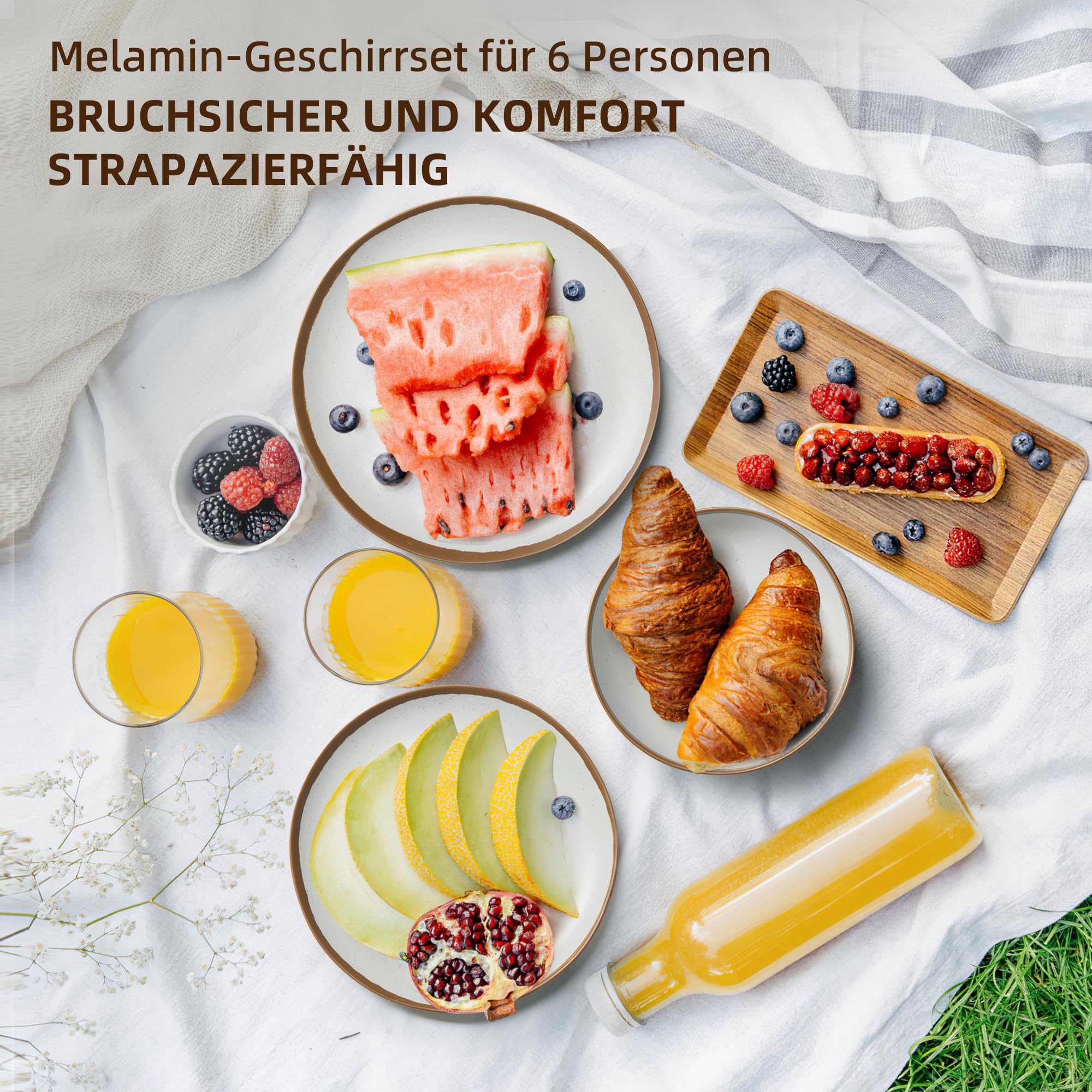 Melamin Geschirr Set 6 Personen,Camping Teller Set, Spülmaschinenfest Essgeschirr Set, Ideal für Outdoor,Wohnwagen & Gartenparty (Brauner Rand)