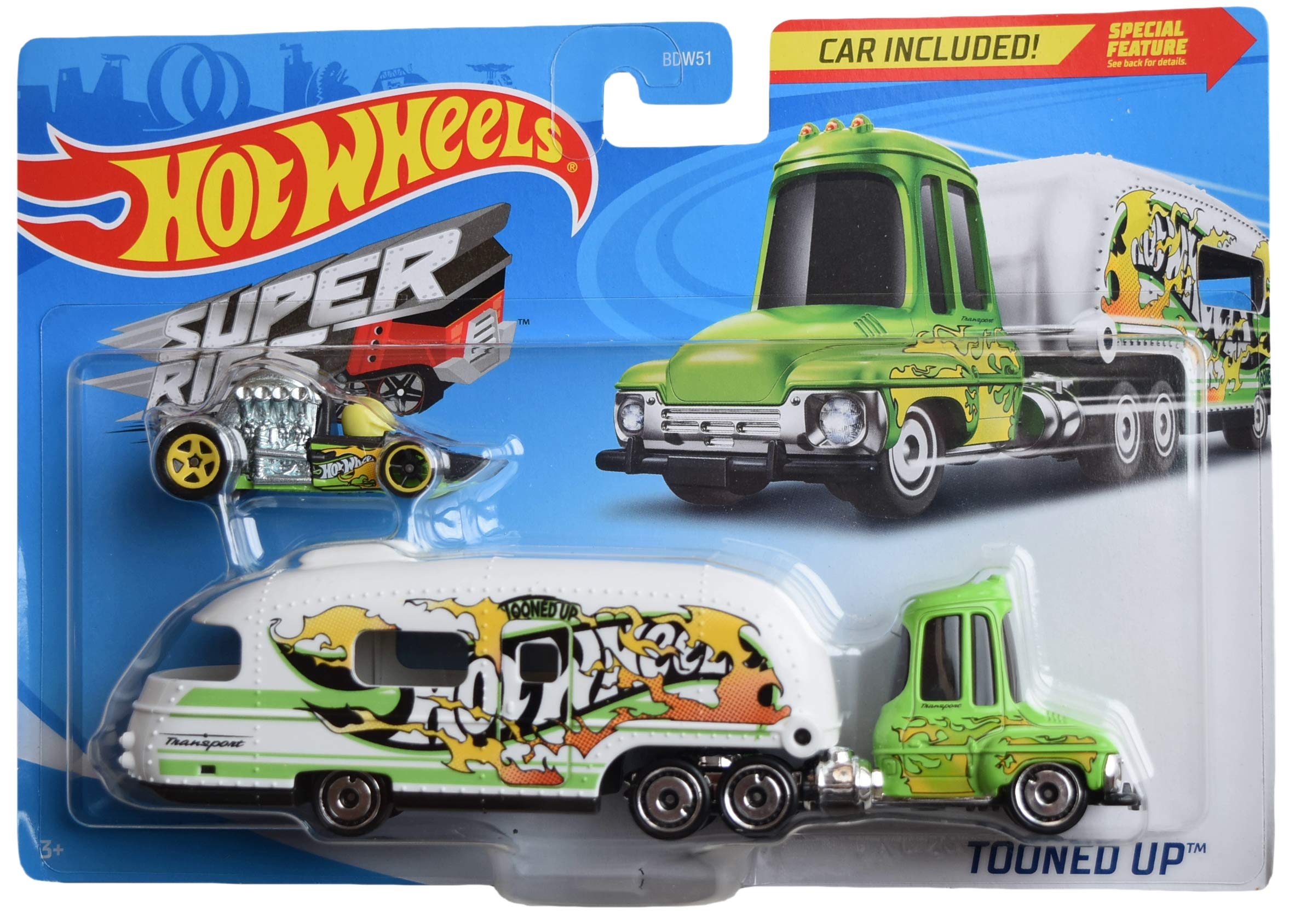 Hot Wheels Metal Super Rigs Tooned Up With Car, Pack Of 1, White