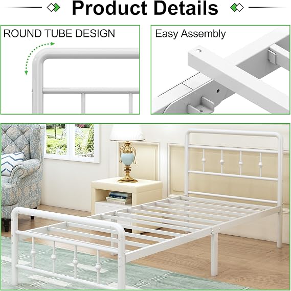 EMODA Small Single Bed Frame with Victorian Headboard, 75 x 190 cm, White