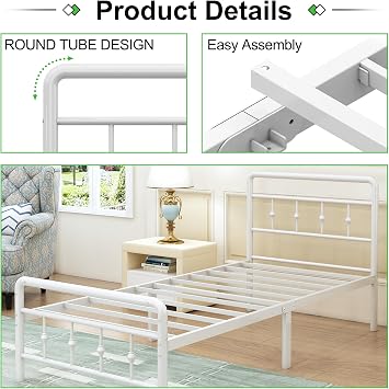 EMODA Small Single Bed Frame with Victorian Headboard, 75 x 190 cm, White