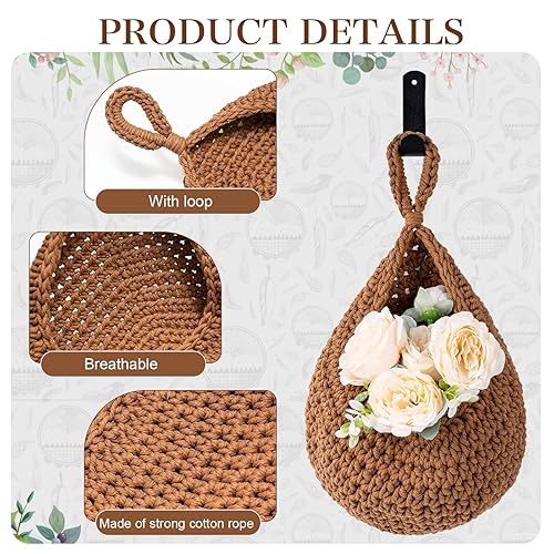 Miniatura 2 de Cesta colgante de frutas para cocina, paquete de 3 cestas bohemias para productos de pared con 6 ganchos fuertes, soporte de frutas tejido para