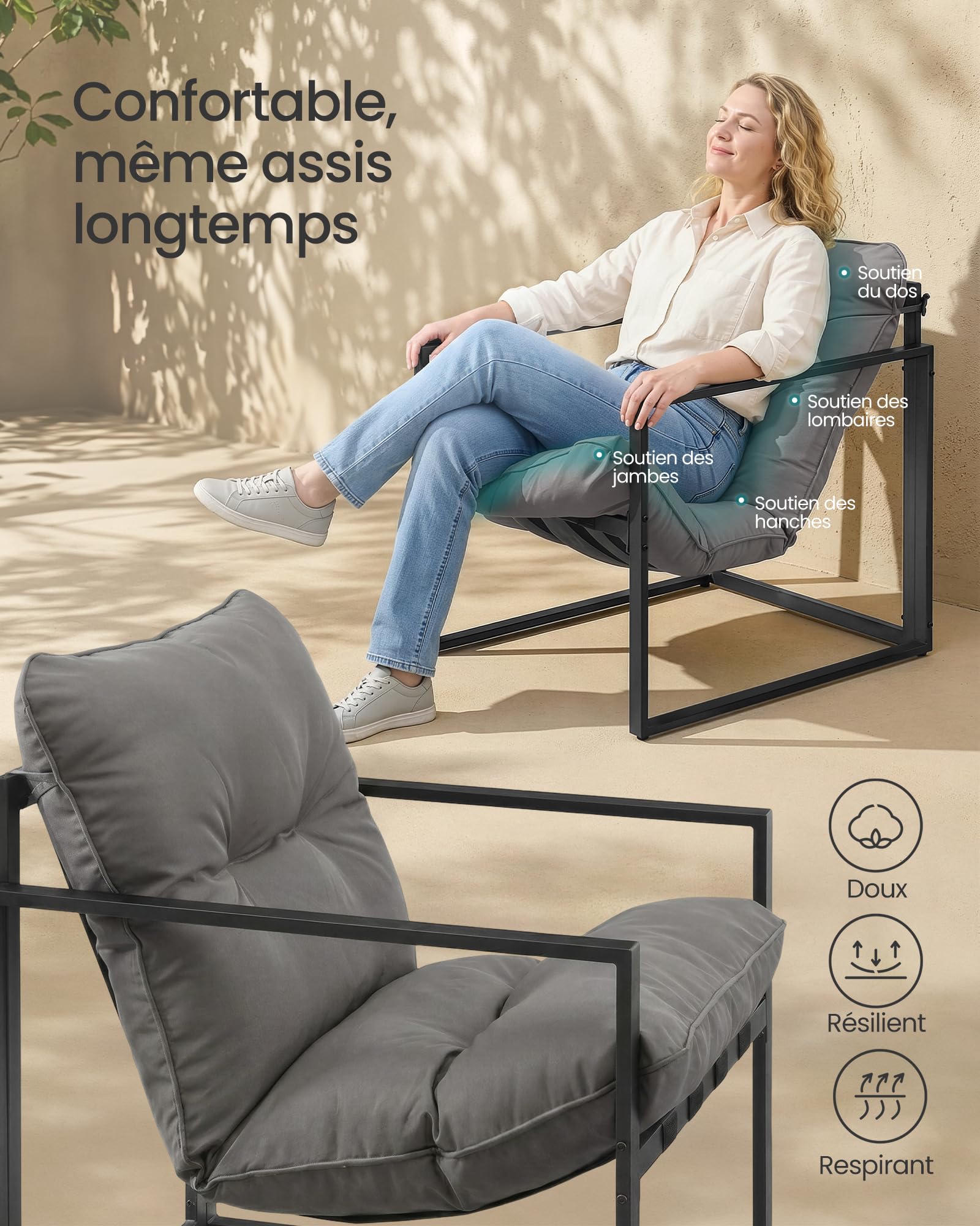 SONGMICS Salon de Jardin Extérieur 4 Pièces, Meuble de Jardin, 2 Fauteuils, 1 Table, 1 Banquette, Acier, Coussins Rembourrés, pour Terrasse, Balcon, Gris GGF040GZ01