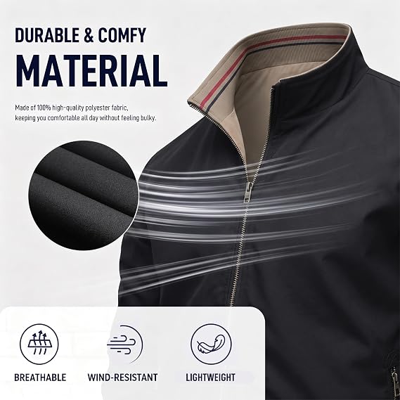 Men’s Reversible Jacket Lightweight Windbreaker Stand Collar Outdoor Coat with Zipper Pockets