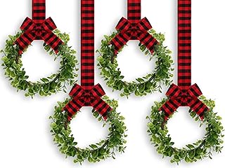 4 Pieces Faux Kitchen Cabinet Wreaths Boxwood Wreaths with Ribbon Artificial Green Leaves Wreaths Decorative Hanging Wreaths for Cabinet Wall Window Front Door Decors (Black and Red, Fabric)