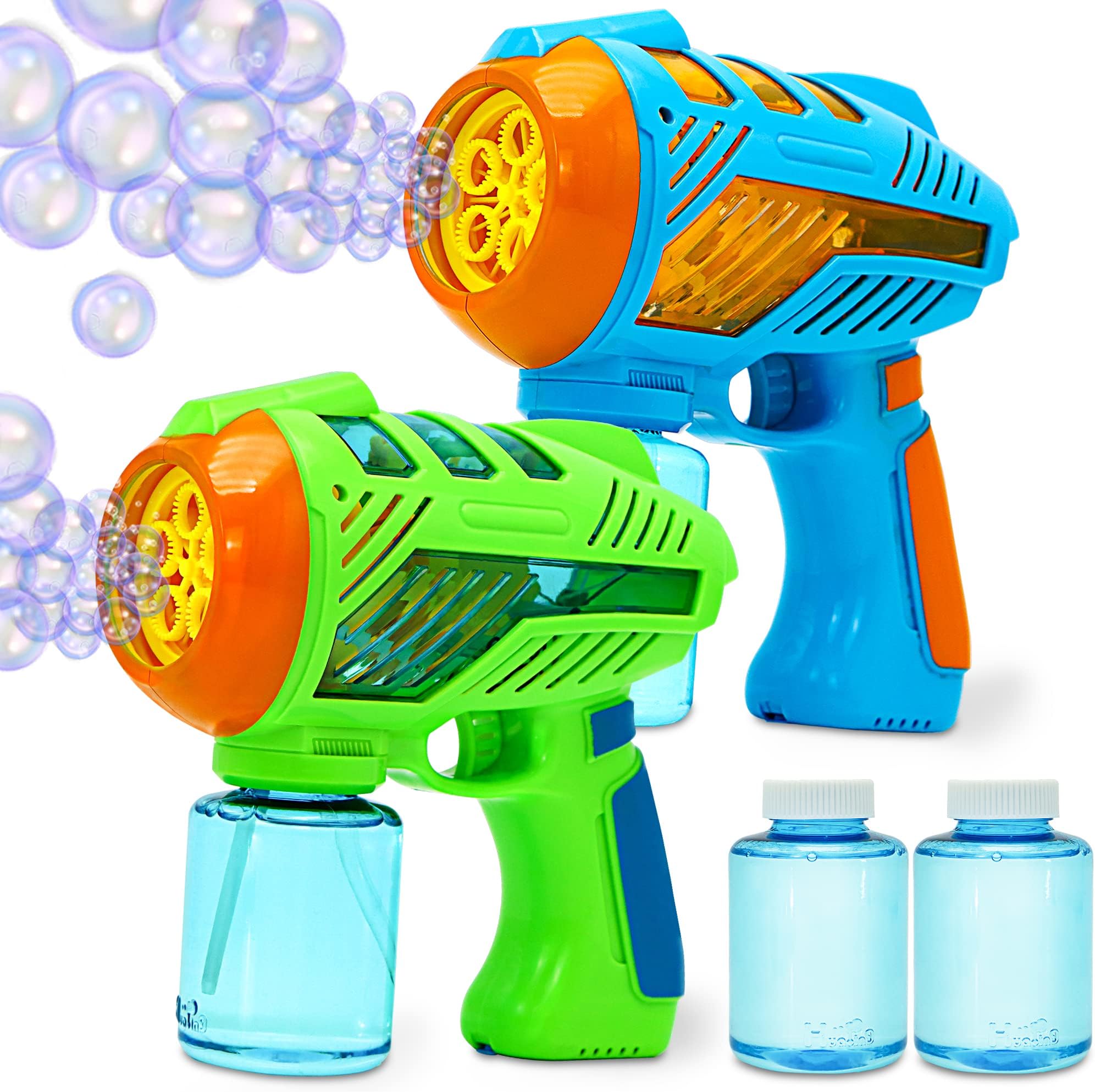 JOYIN 2 Bubble Guns with LED Lights and Music๏ผBubble Maker and Blower, Indoor and Outdoor Play, Kids Party Favor, Game Toys, Summer Themed Party and Birthday (Blue+Green)