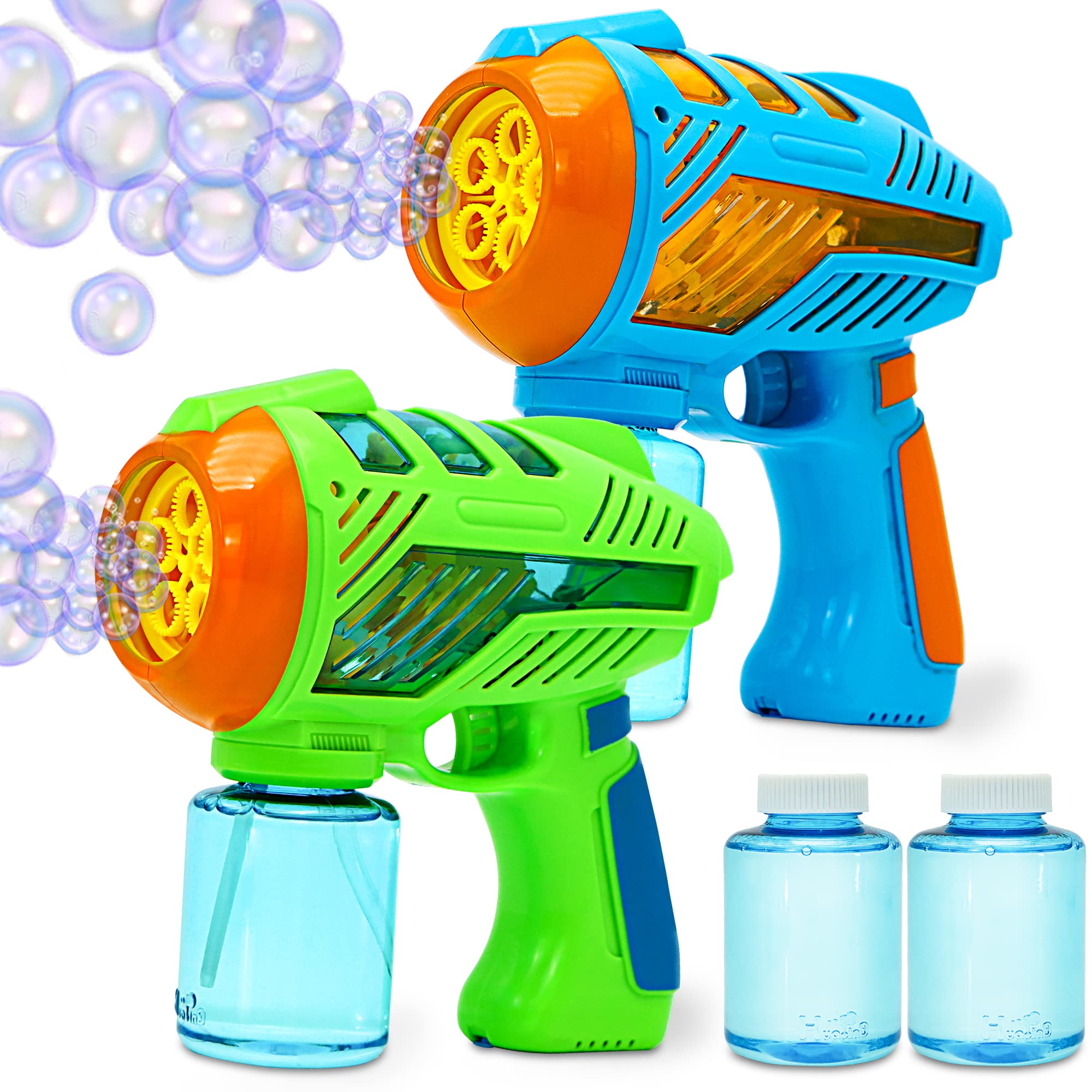 JOYIN 2 Bubble Guns with LED Lights and Music,Bubble Maker and Blower, Indoor and Outdoor Play, Kids Party Favor, Game Toys, Summer Themed Party and Birthday (Blue+Green)