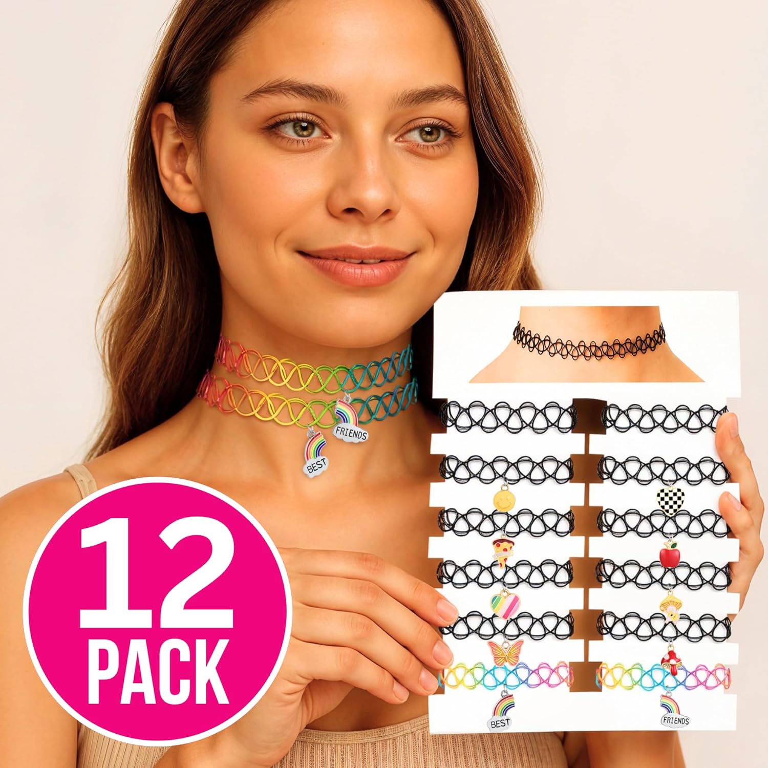 BodyJ4You 12PC Tattoo Choker Necklace for Women - 90s Choker Necklaces Y2K Fashion Trendy Vintage - Emo Black Choker Rainbow Pink White Purple Neon Green Blue Daisy Flower - Image 2
