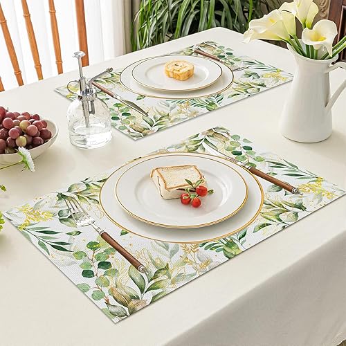 Miniatura 7 de AOFOTO Juego de 4 manteles individuales con estampado de hojas de acuarela, verde salvia primavera, color verde y dorado, manteles individuales