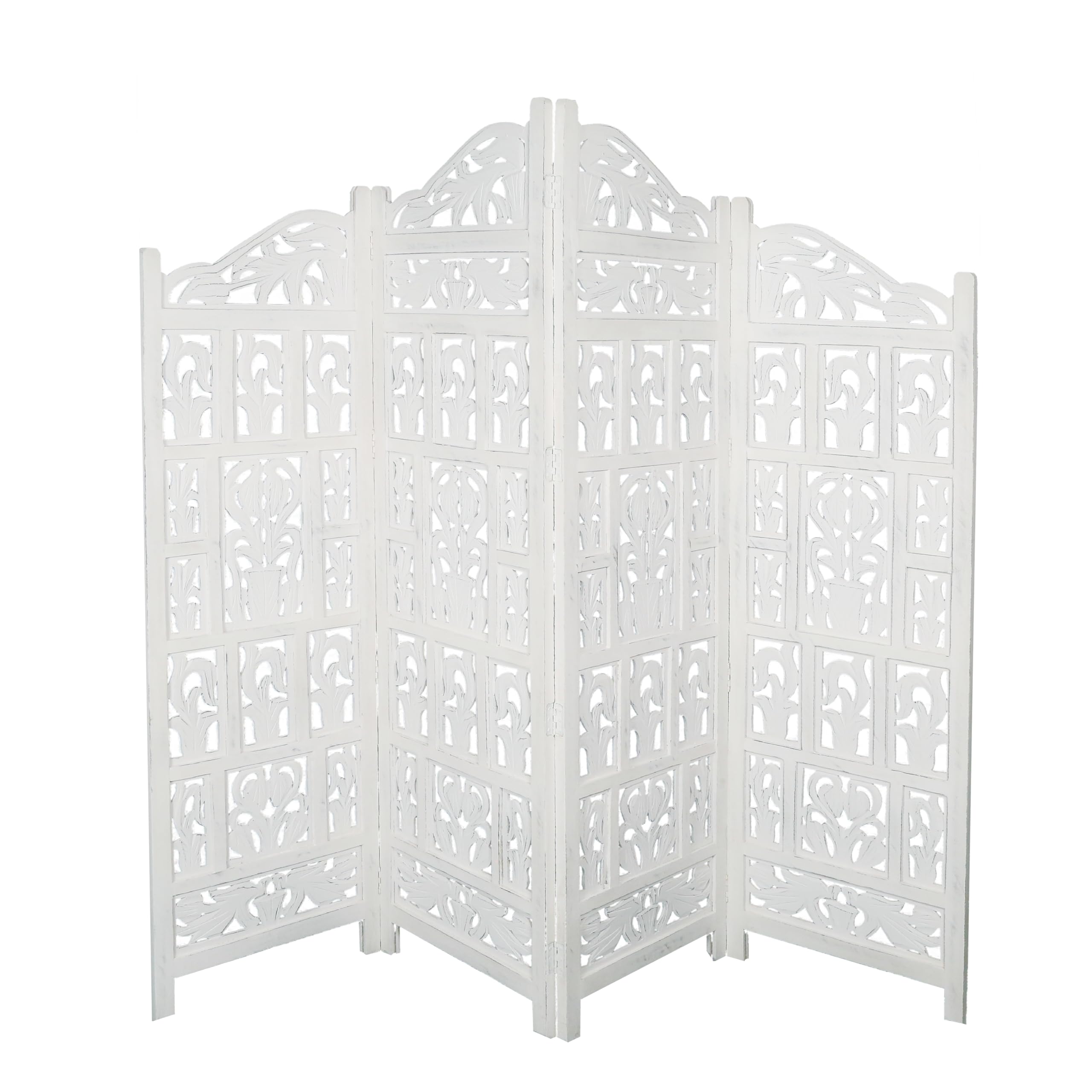 Topfurnishing 4 Panel Room Divider Free Standing Mango Wood Hand Carved Folding Screen Partition Privacy Screen Decorative Headboard (Gamla Design, White, 200 x 180 cm)