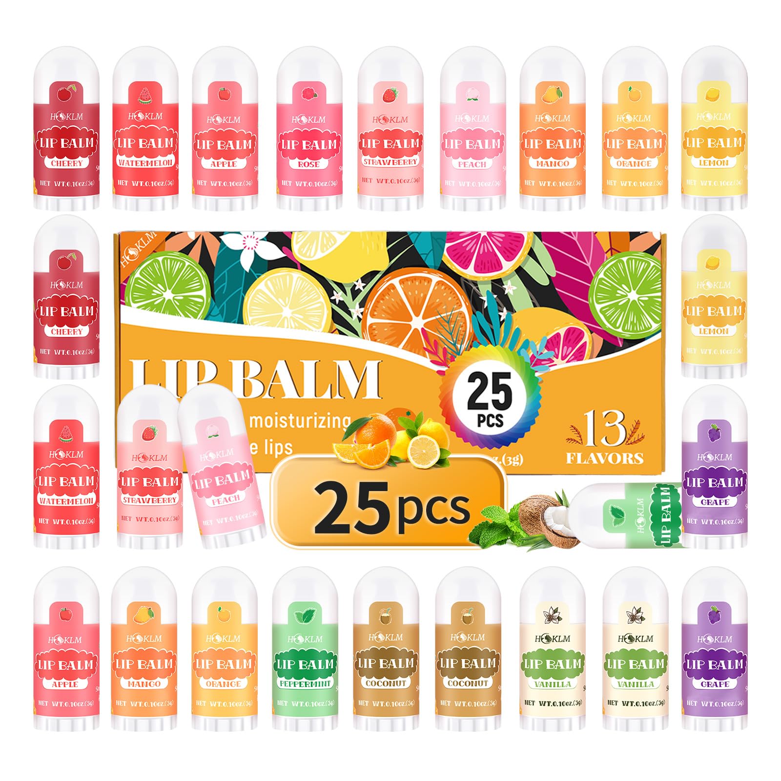 Mini Lip Balm 25 Pack, Natural Lip Balms with Vitamin E and Coconut Oil. Moisturizes for Dry Lips, Perfect for Christmas Gifts, Party Favors, Gift Bags and Small Gifts-13 Flavors