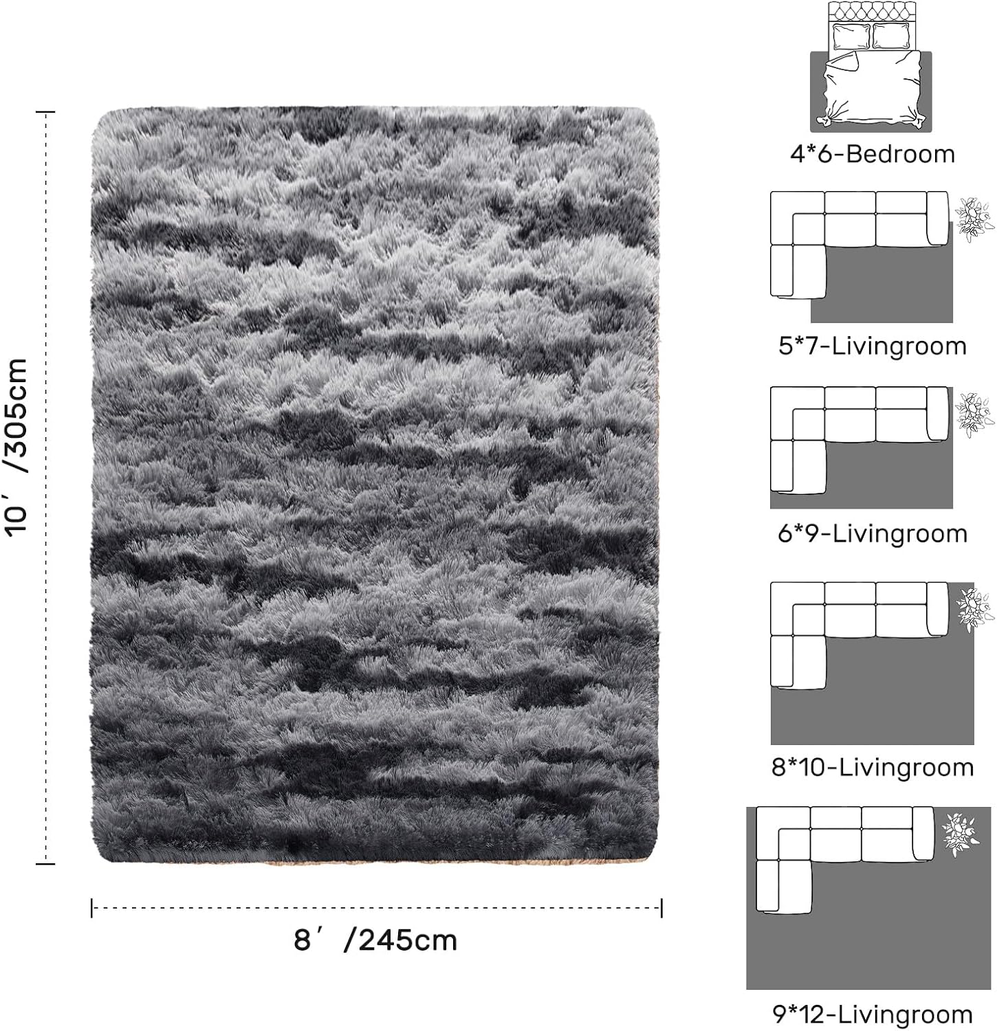 Area Rugs for Living Room 8x10 Feet, Soft Fluffy Shagg Plush Bedroom Rug Non-Slip,Large Carpet for Nursery Kids Dorm Home Decor Black and Silver Black&silver 8' x 10' (Rectangular)