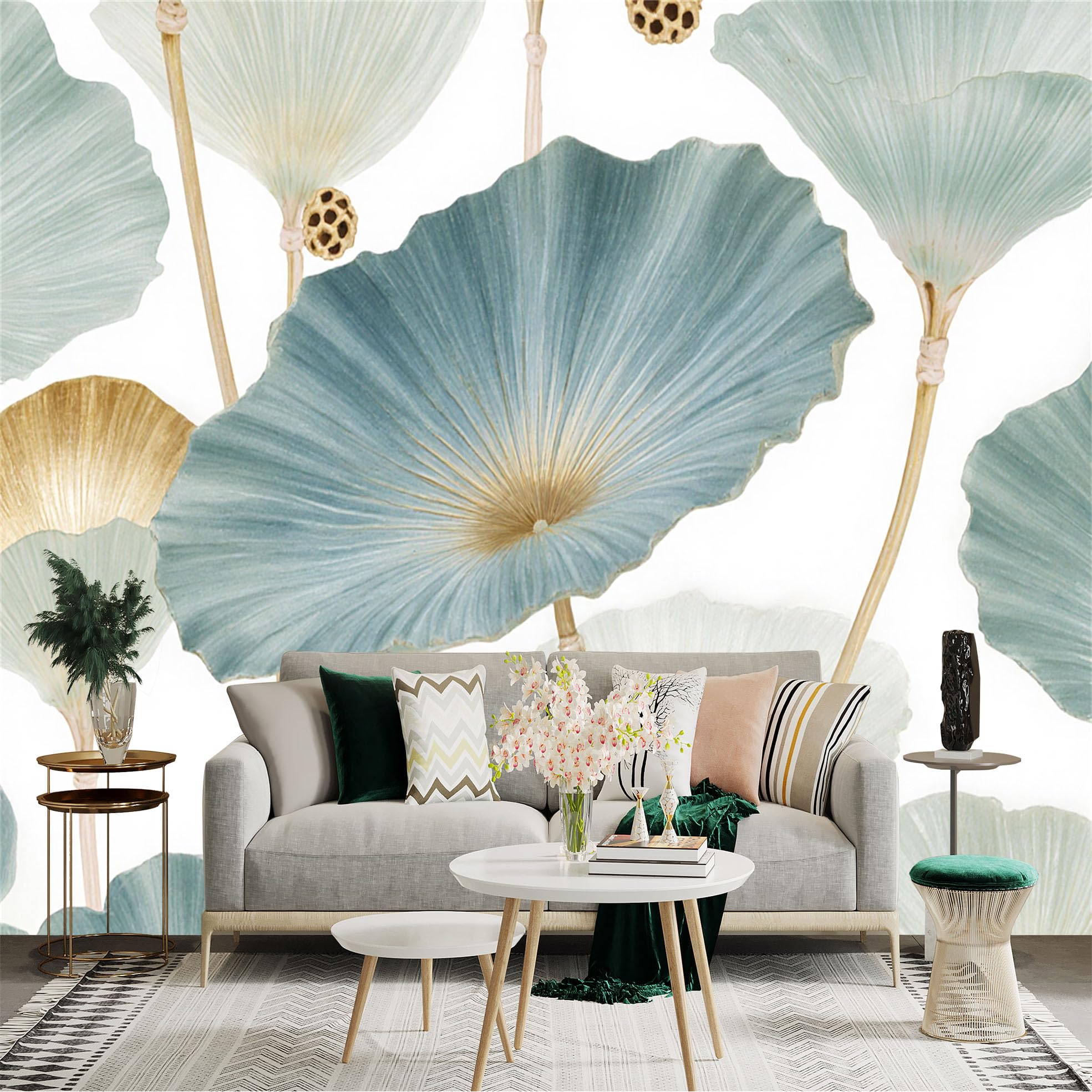 Custom Size Wall Sticker Mural， Elegant Blue and Gold Lotus Leaves， Artistic Botanical Water Plant， Minimalist Zen Style， for wall Decoration， peelandstick wall Decals.