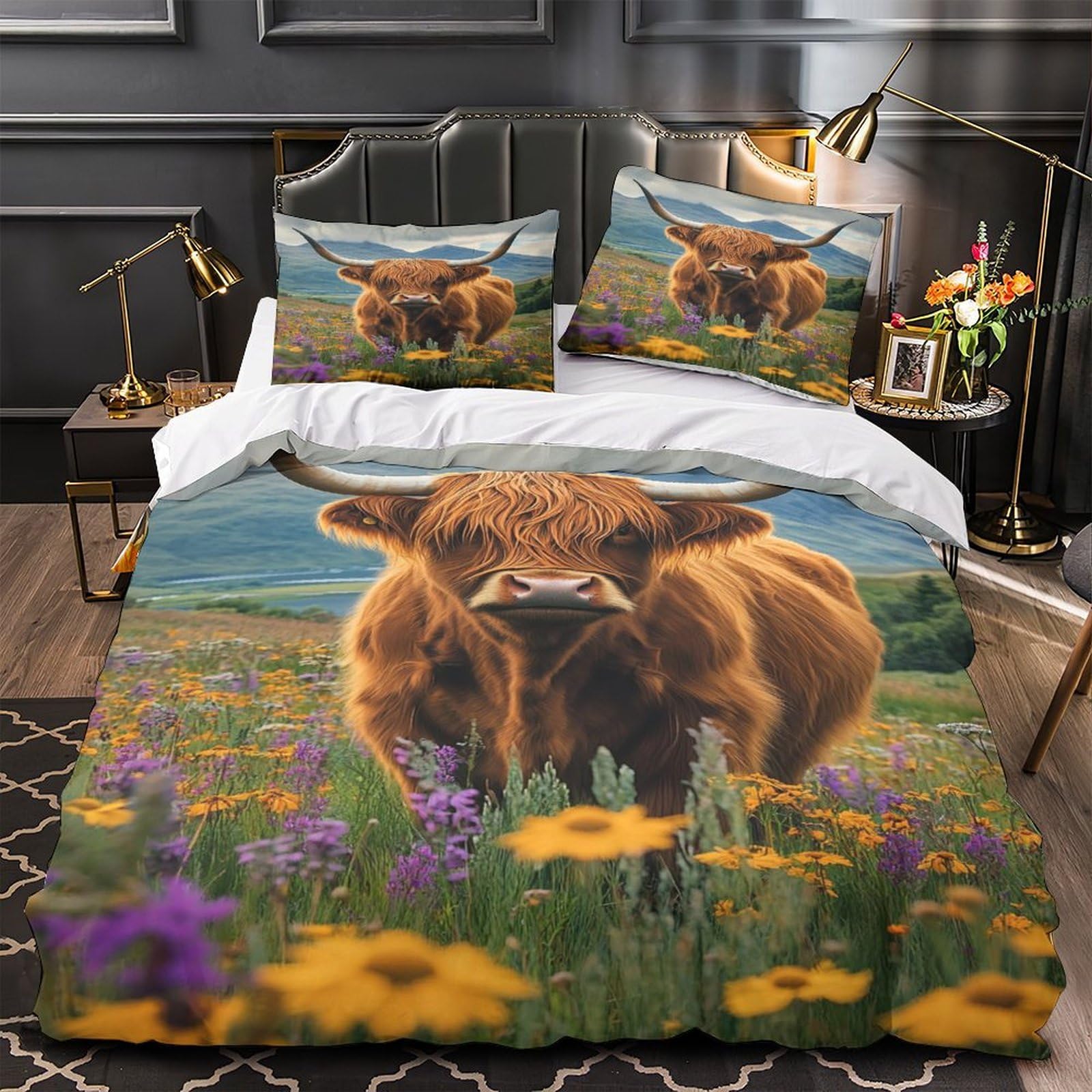 Housse de Couette Vache des Highlands 3D Imprimé Microfibre Parure de Lit Paysage Naturel