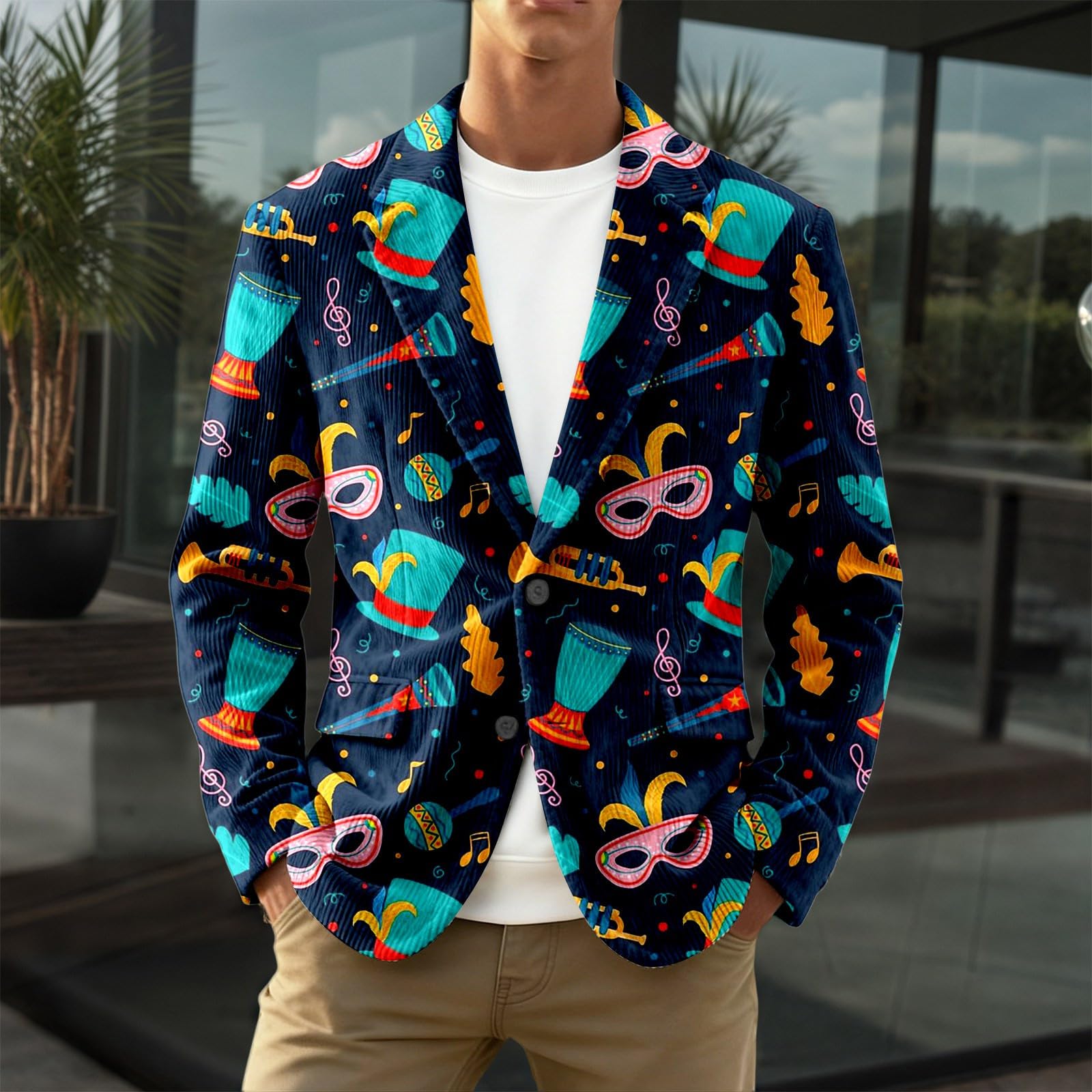 Blazer Hombre Casual Chaqueta de Pana con Estampado Carnaval Doble Botonada para Eventos Formales y Casual con Ajuste Cómodo Diseño Moderno