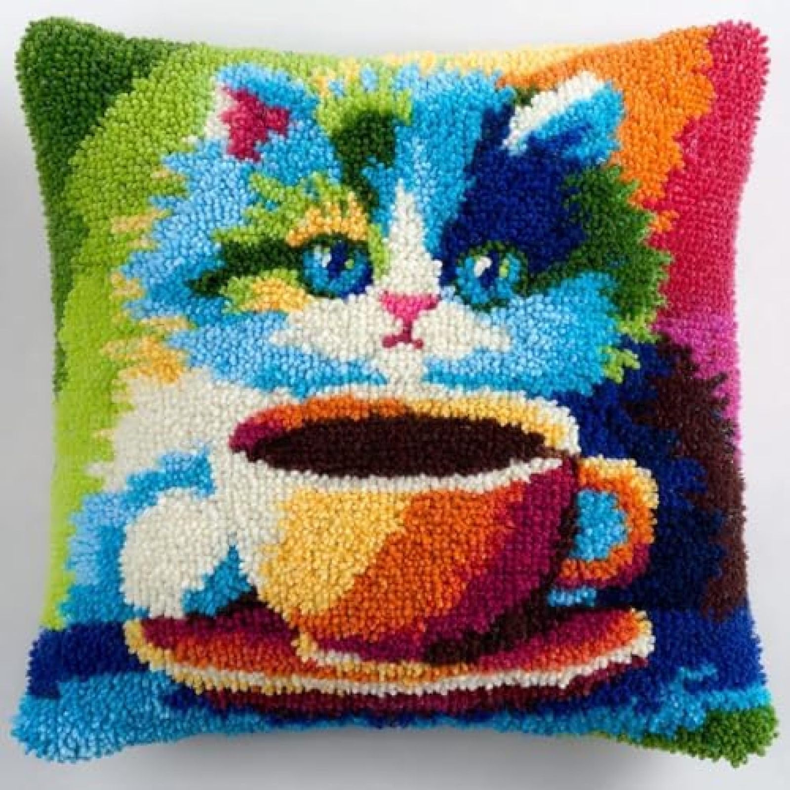 kitphoenix DIY Latch Hook Cushion Kit Persian Cat Drink Coffee,Beginner-Friendly Rug Hooking Pillow Kit,Crochet Craft Cushion Cover for Home Decor,43x43 cm-4