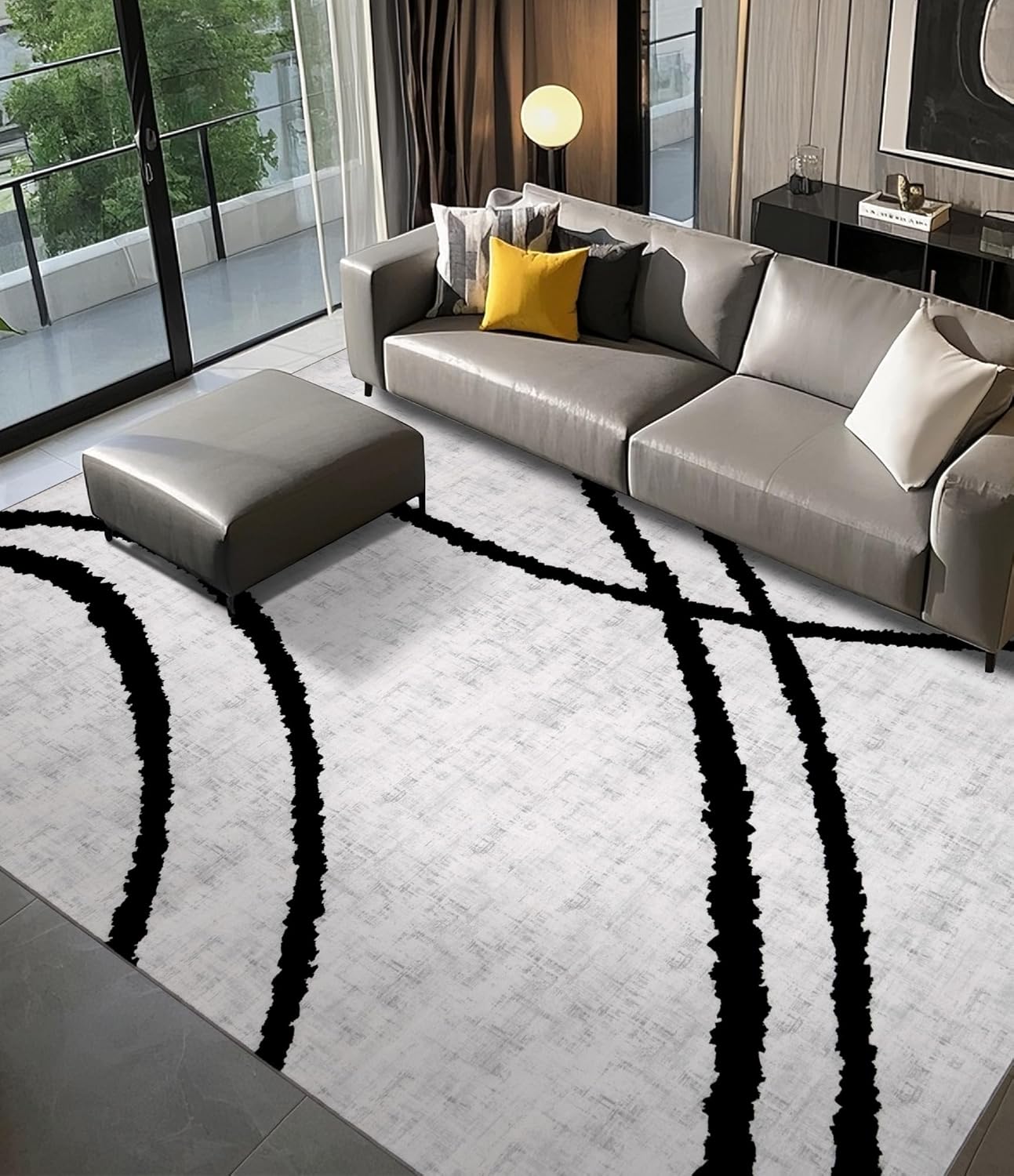 YIHOUSE Modern Area Rugs 6x9, Washable Black and White Rug, Thin Abstract Geometric Minimalist Striped Rug, Black Rugs for Living Room,Bedroom,Kitchen,Dining Room,Office Simple Lines 6' x 9' (Rectangular)