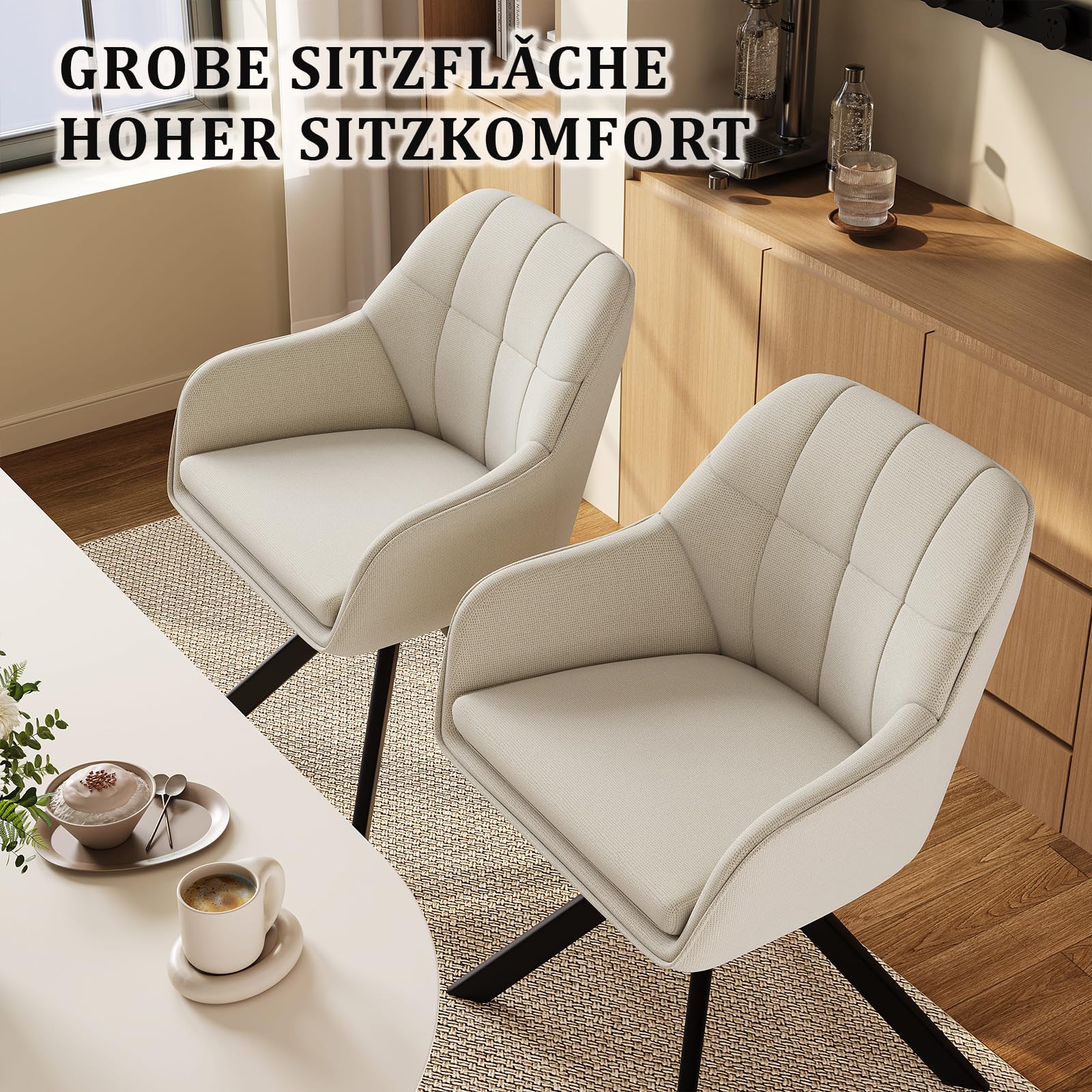 Lot de 6 Chaises Pivotantes 360° en Lin Beige avec Accoudoirs, Chaises de Salle à Manger, Cuisine, Fauteuils avec Pieds en Métal, pour Bureau ou Salon