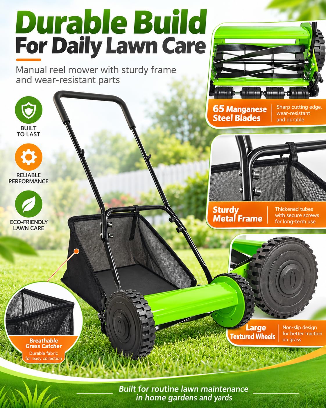 Cortacésped Manual Helicoidal de Empuje con Recogedor Altura Ajustable 17 a 33 mm Ancho de Corte 30 cm Cuchillas de Acero al Manganeso 65 para Jardín Césped Patio Hogar,Verde