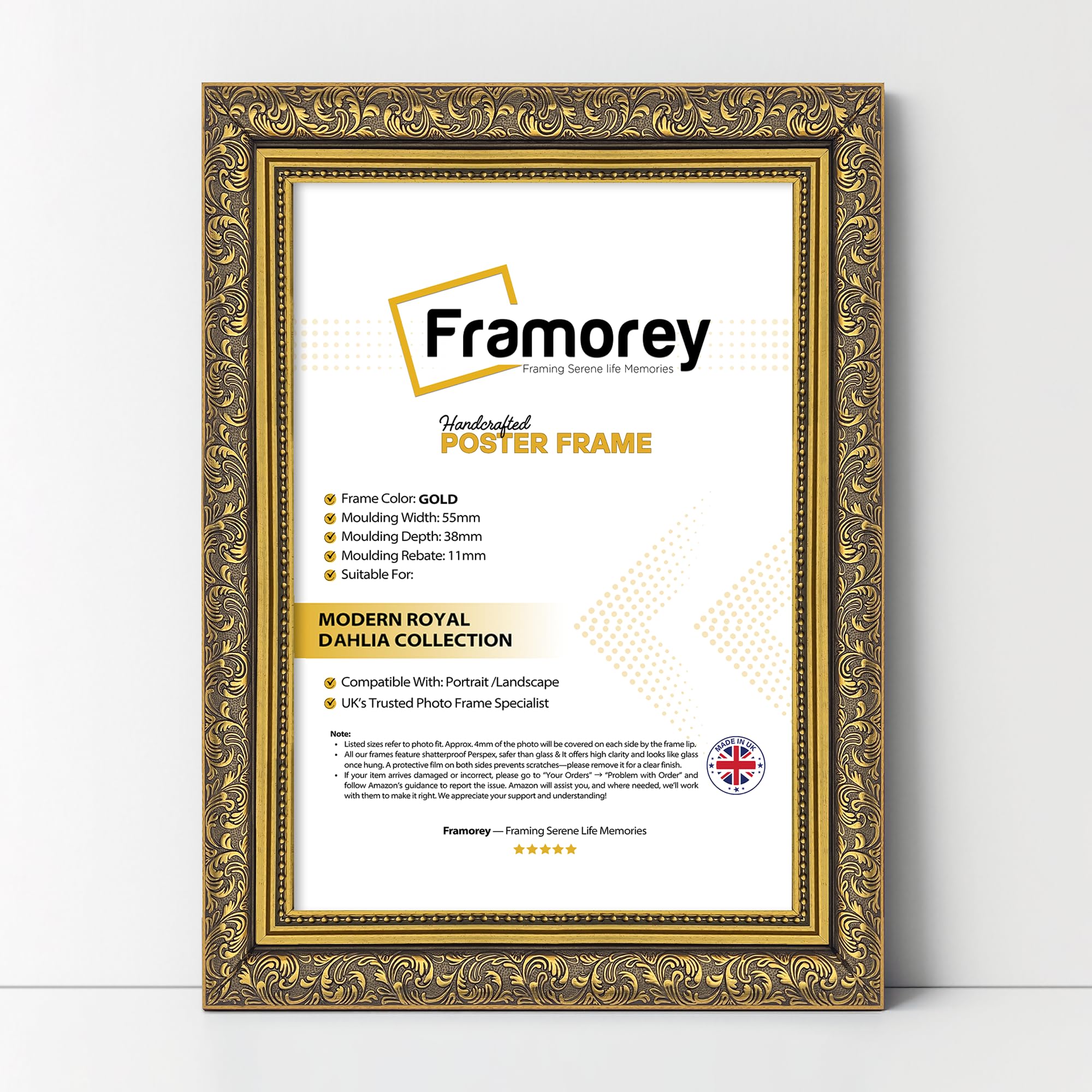 FRAMOREY Dahlia Ornate Effect Picture Frame, 34x22 Inch Size Gold Photo Frame, Traditional Wall Art Poster Frames, Photo Print Frame