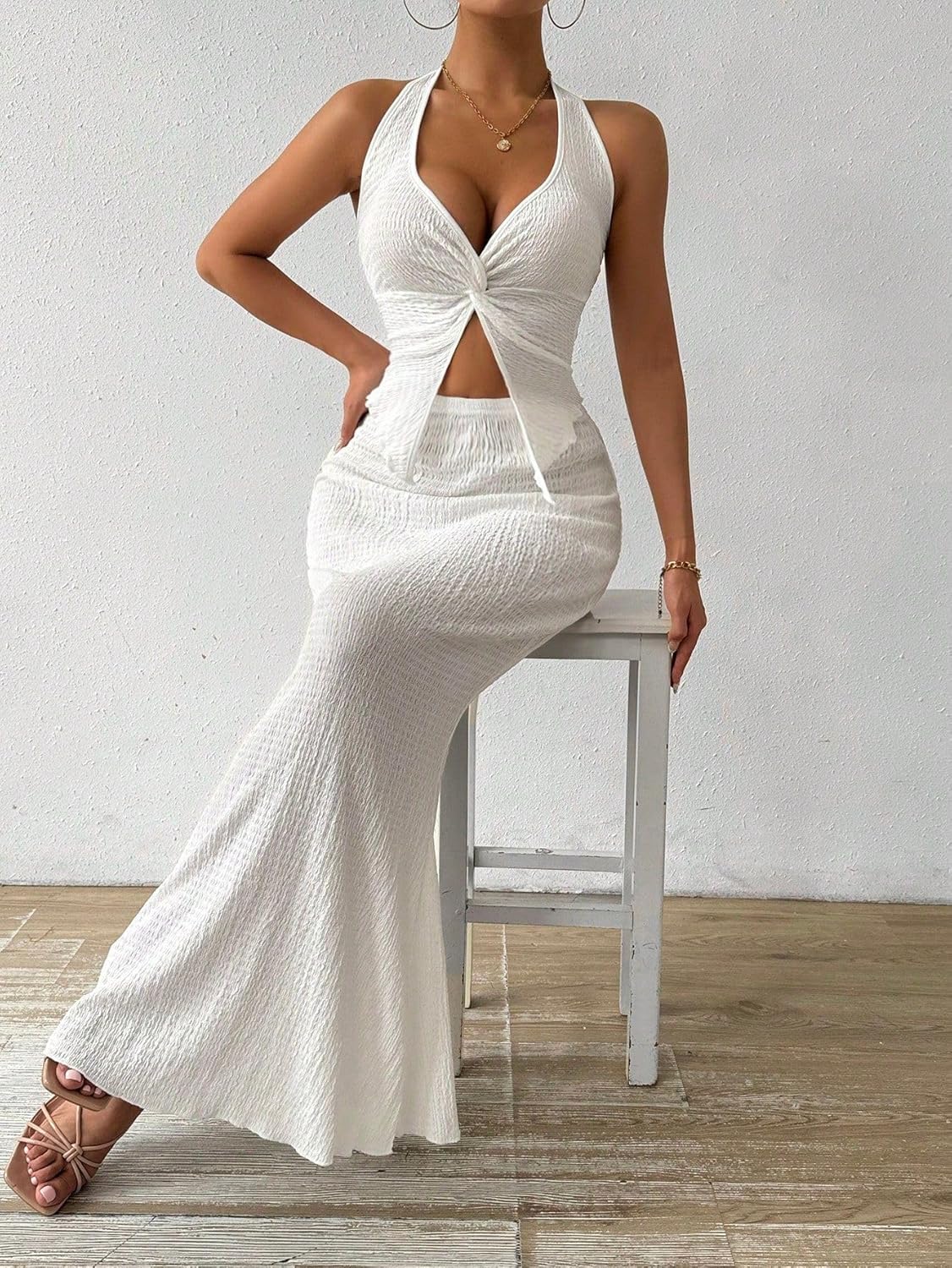 SKAYS Skirt Sets Women 2 Piece Outfits Twist Front Halter Cami Tops And Dressy Casual Elastic Fishtail Midi Skirt - Image 5