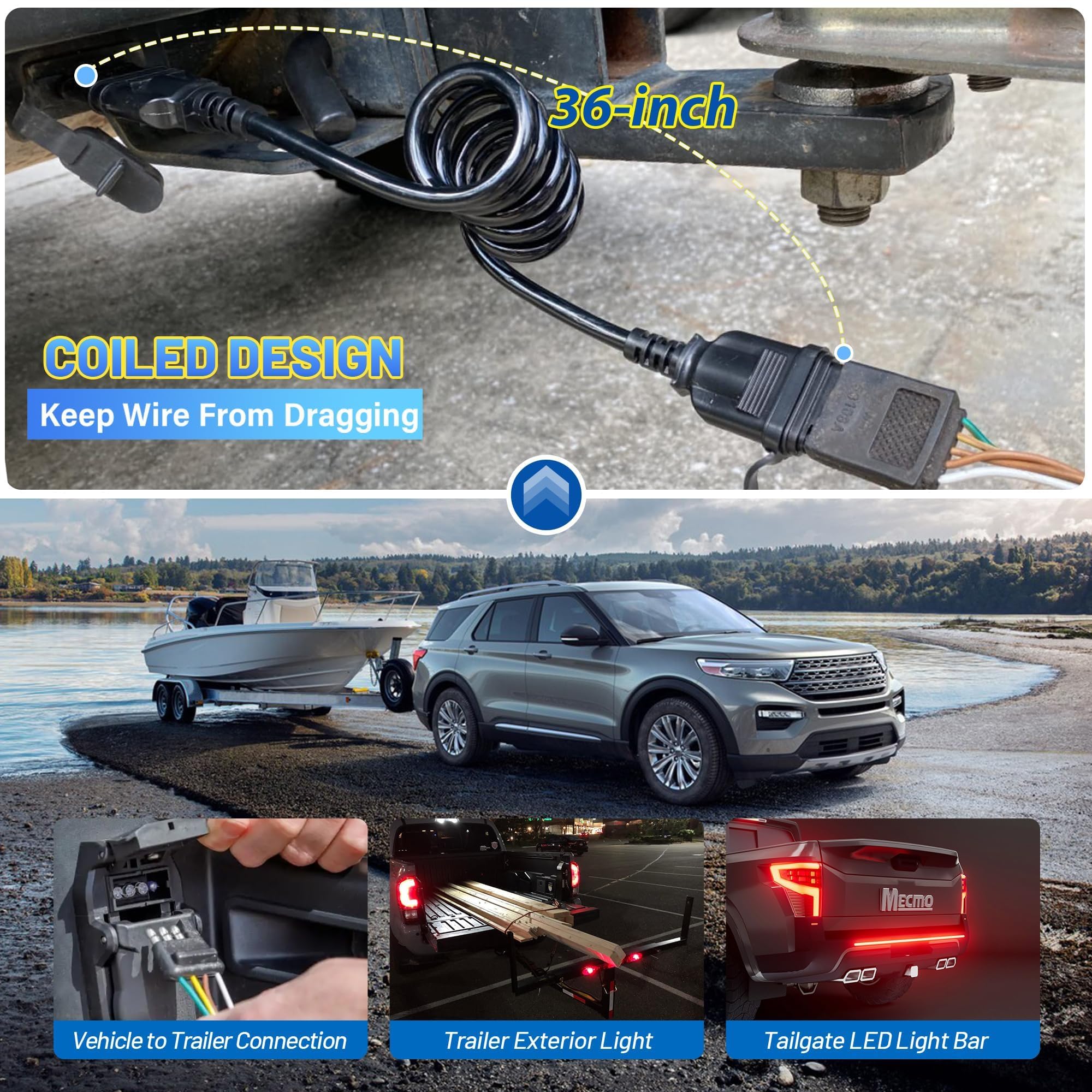MECMO Extensión de cable plano de 4 vías para remolque, cable en espiral elástico de 3 pies y 36 pulgadas, adaptador en espiral macho y hembra de 4 pines, calibre 18, cable recubierto resistente,
