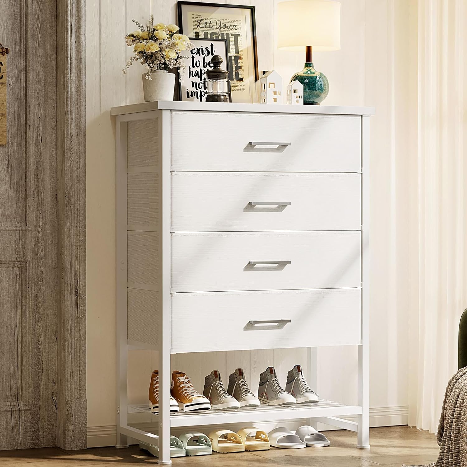 White Dresser for Bedroom Dresser for Closet with 4 Drawers and Shelf Storage, Dressers & Chests of Drawers Fabric Dresser for Kids Modern