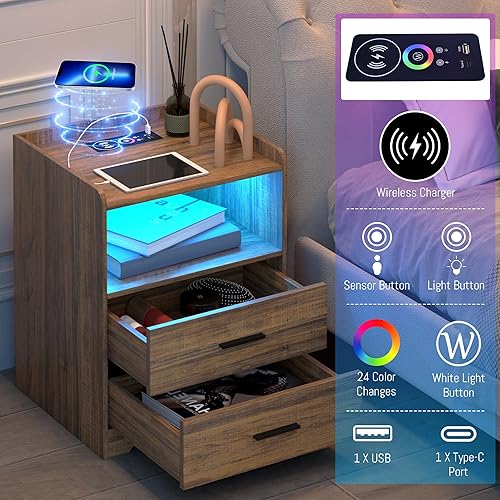 Miniatura 4 de DNBSS Juego de 2 mesas de noche con estación de carga mesita de noche LED mesa de noche con 2 cajones mesa auxiliar de camasoportes de noche para