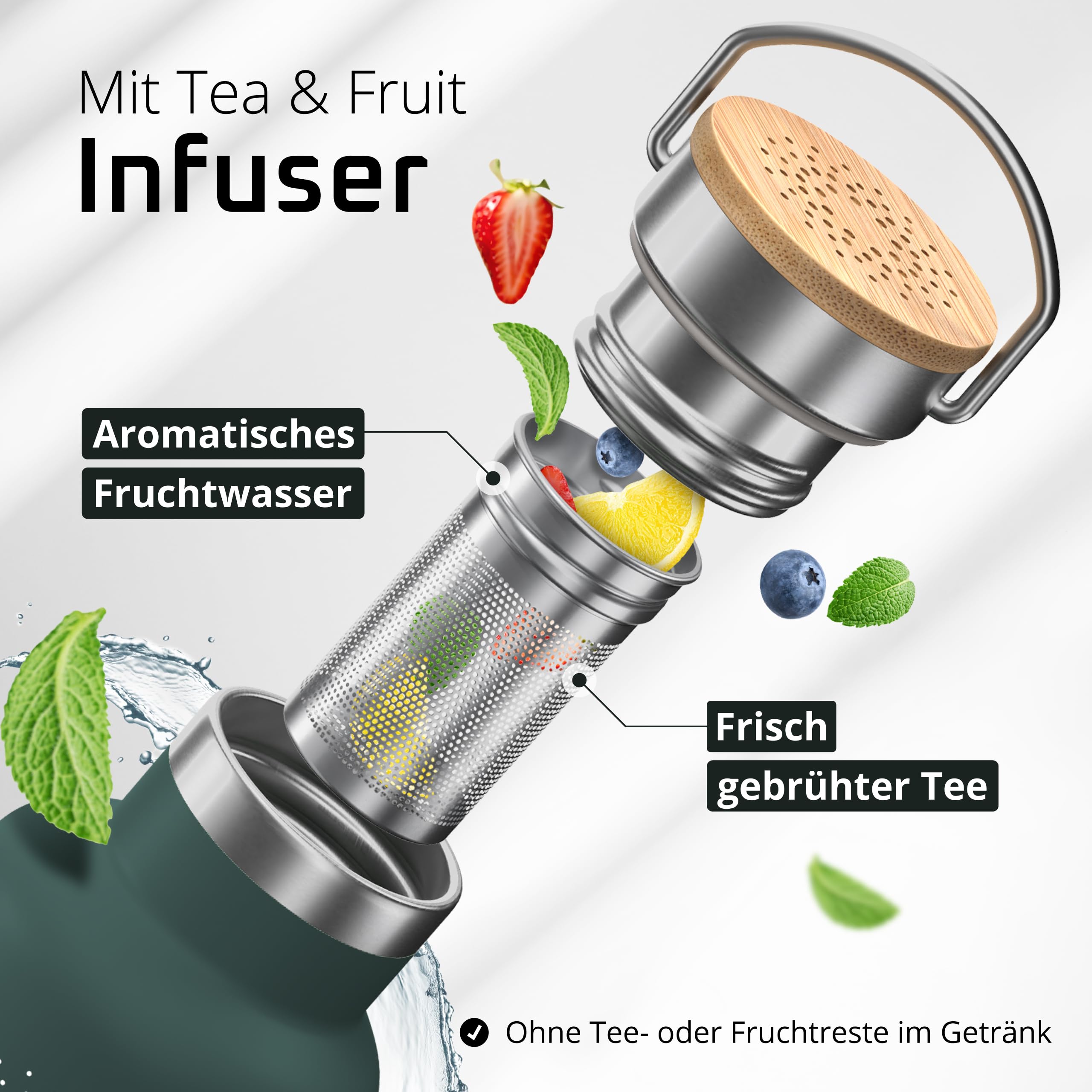 Trinkflasche Edelstahl mit Strohhalm, Infuser + 3 Deckel: BPA-frei, Auslaufsicher, Kohlensäure geeignet - Wasserflasche Fahrrad Thermosflasche Isoliert Isolierflasche Sport Wasser Flasche Kinder Tee