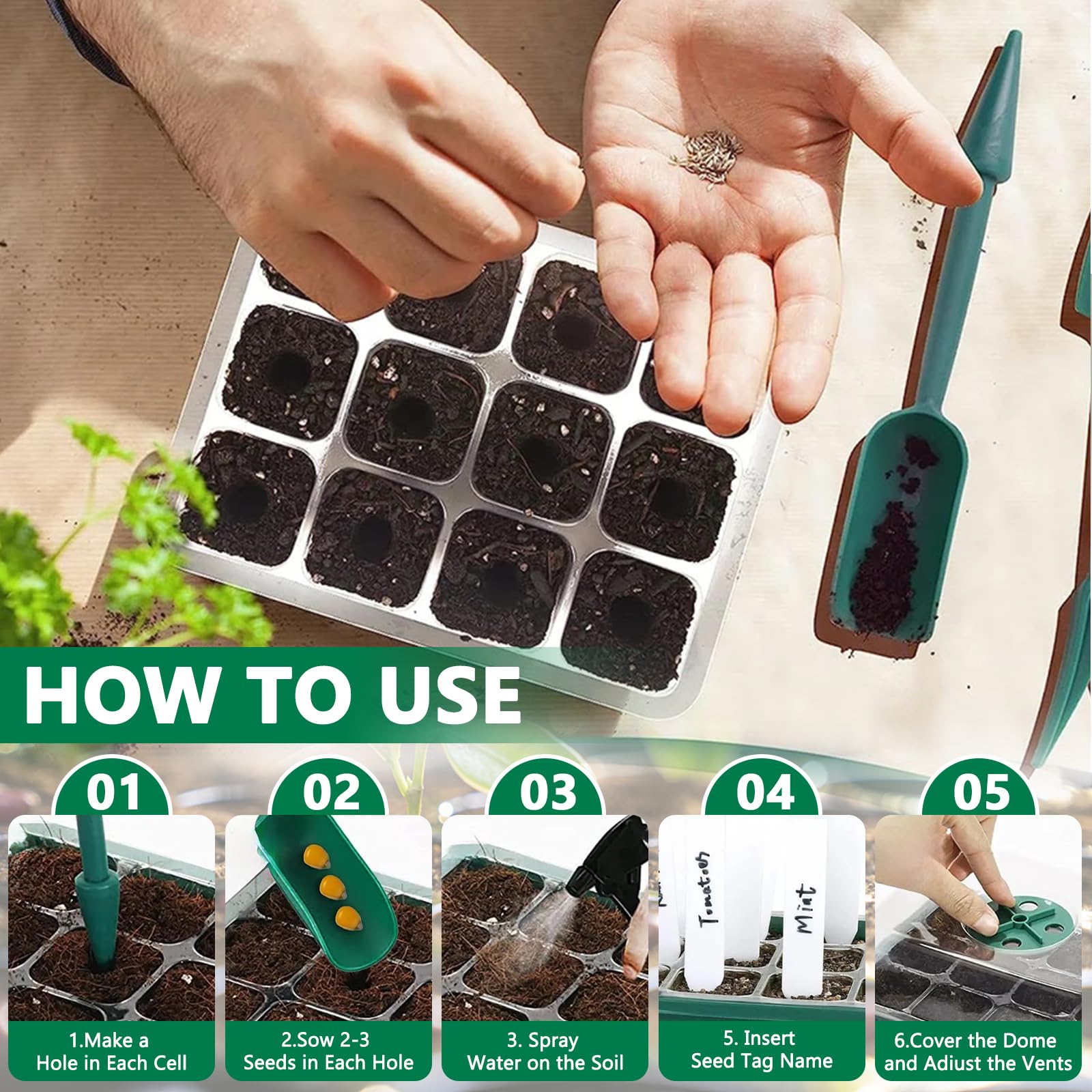 MOYKSRR Mini Serre pour Plantes, 10 Pièces 120 Cellules Intérieure Plateau Semis avec Dôme De Ventilation Et Socle, 20 étiquettes De Plantes, Serre Intérieure Pépinière Boîte Propagateur Jardin