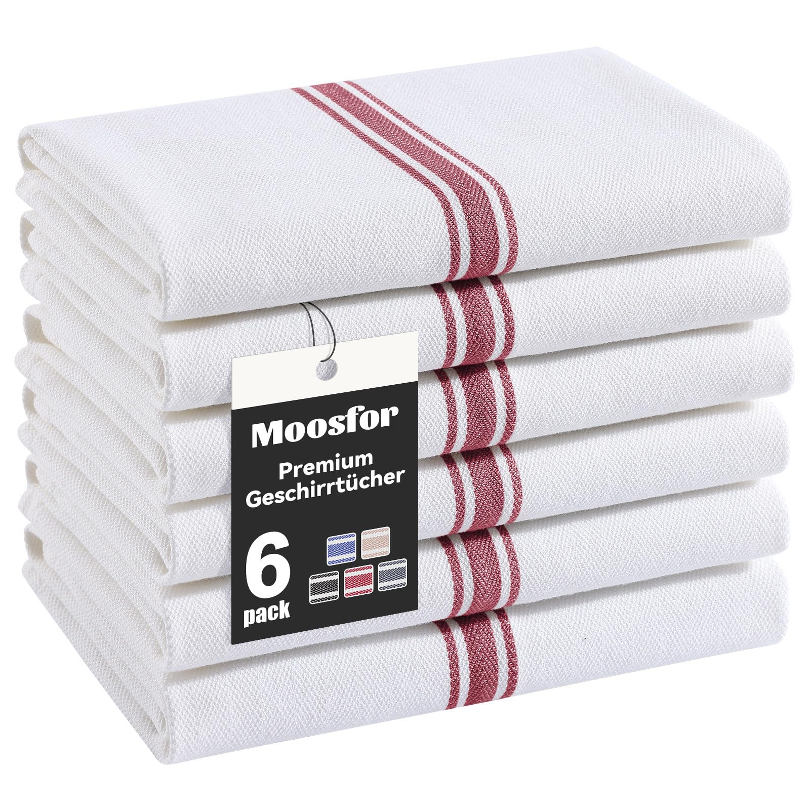 Moosfor Premium Geschirrtücher 100% Baumwolle, 6er Set 38 x 64 cm, Saugstarke&Langlebige Küchentücher, Oeko-TEX Zertifizierte Geschirrhandtücher Weiche Dicke Spüllappen, Gastronomiequalität, Rot