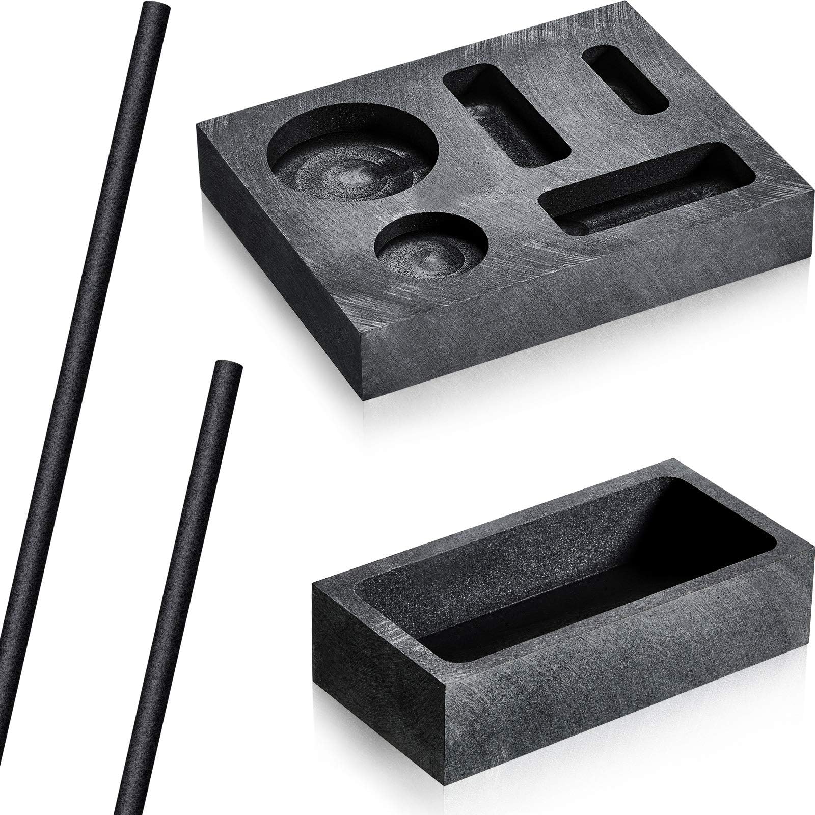 4 Pieces Graphite Ingot Mold Stir Rod Stick Set, 5-in-1 Graphite Casting Coin Combo Metal Refining Scrap Mold, 1 kg Ingot Crucible, 2 Stir Rod Stick for Melting