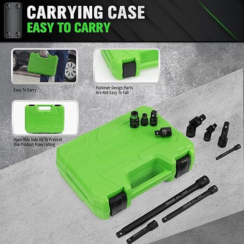 Miniatura 6 de Juego de 18 piezas de herramientas de extensión de dados de impacto, junta universal giratoria, dados profundos de 1/4", 3/8", 1/2", adaptador