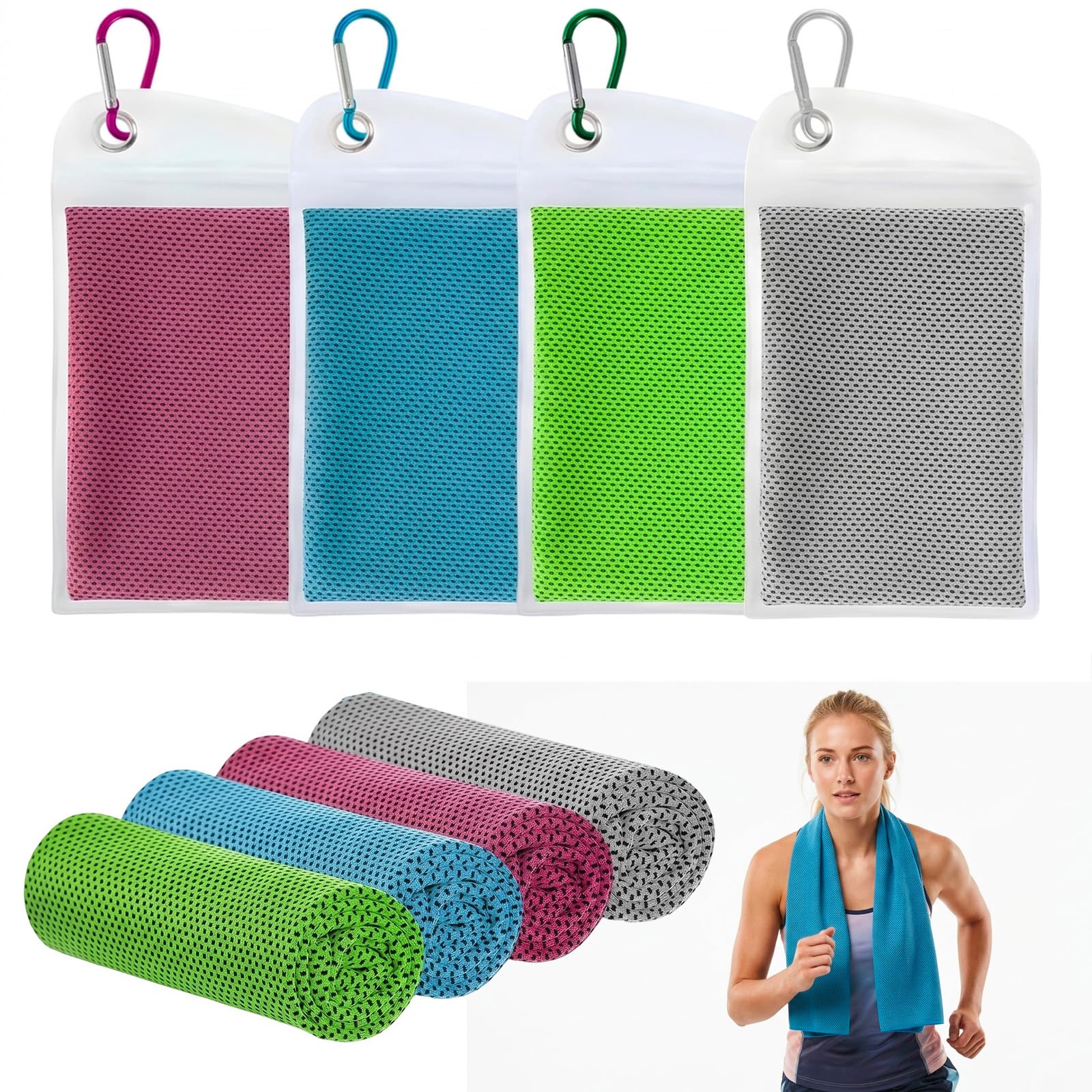 SrgPui 4 Pack Cooling Towels, 30 x 100 cm Cool Towel for Adults, Instant Cooling Towels for Hot Weather and Outdoor Activities, Reusable Neck Cooling Towel with Carrying Pouch