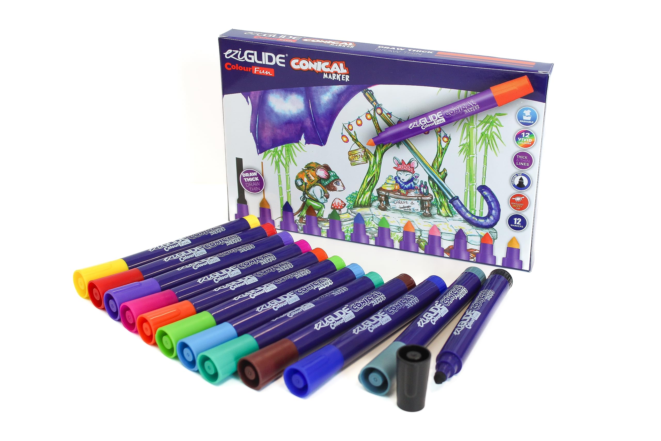 Conical Tip Colour Marker Pens, Pack of 12 washable assorted colouring pens, Vibrant felt tip pen for line drawing using the tip & brush style strokes on the nib edge