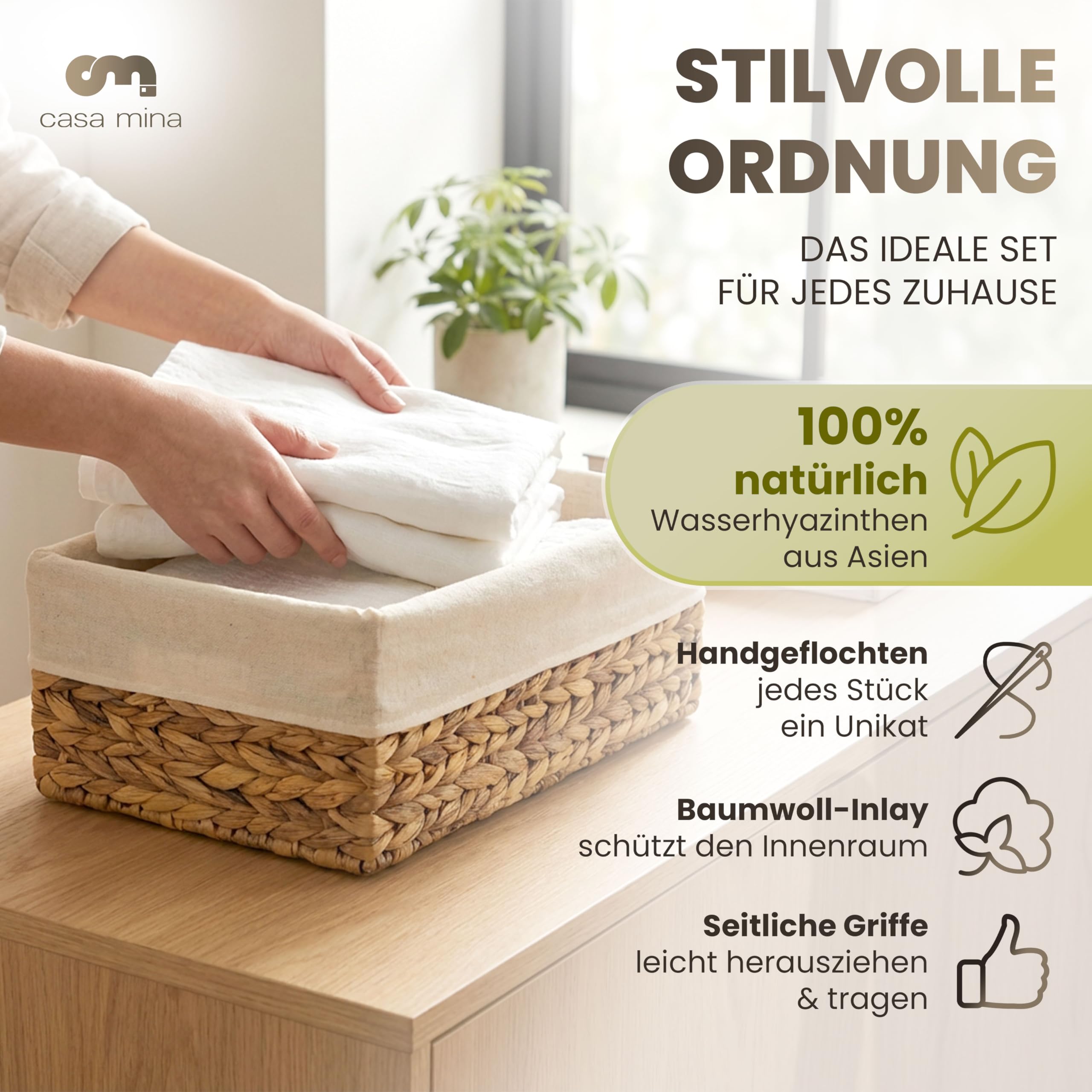 Casa Mina Korb Aufbewahrung L44xW30xH16cm 100% natürlich aus Wasserhyazinthe I Dekorative Körbe Aufbewahrung für jeden Raum I Aufbewahrungskorb mit robustem Metallgestell