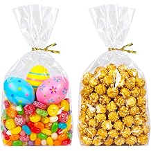 rebucas Cellophane Bags Flat Bottom Cookie Bags Cellophane Treat Bag with Twist Ties for Candy, Cookies, Popcorn, Small Gift Wrapping, 50 Pack 7x10 Inches, Clear
