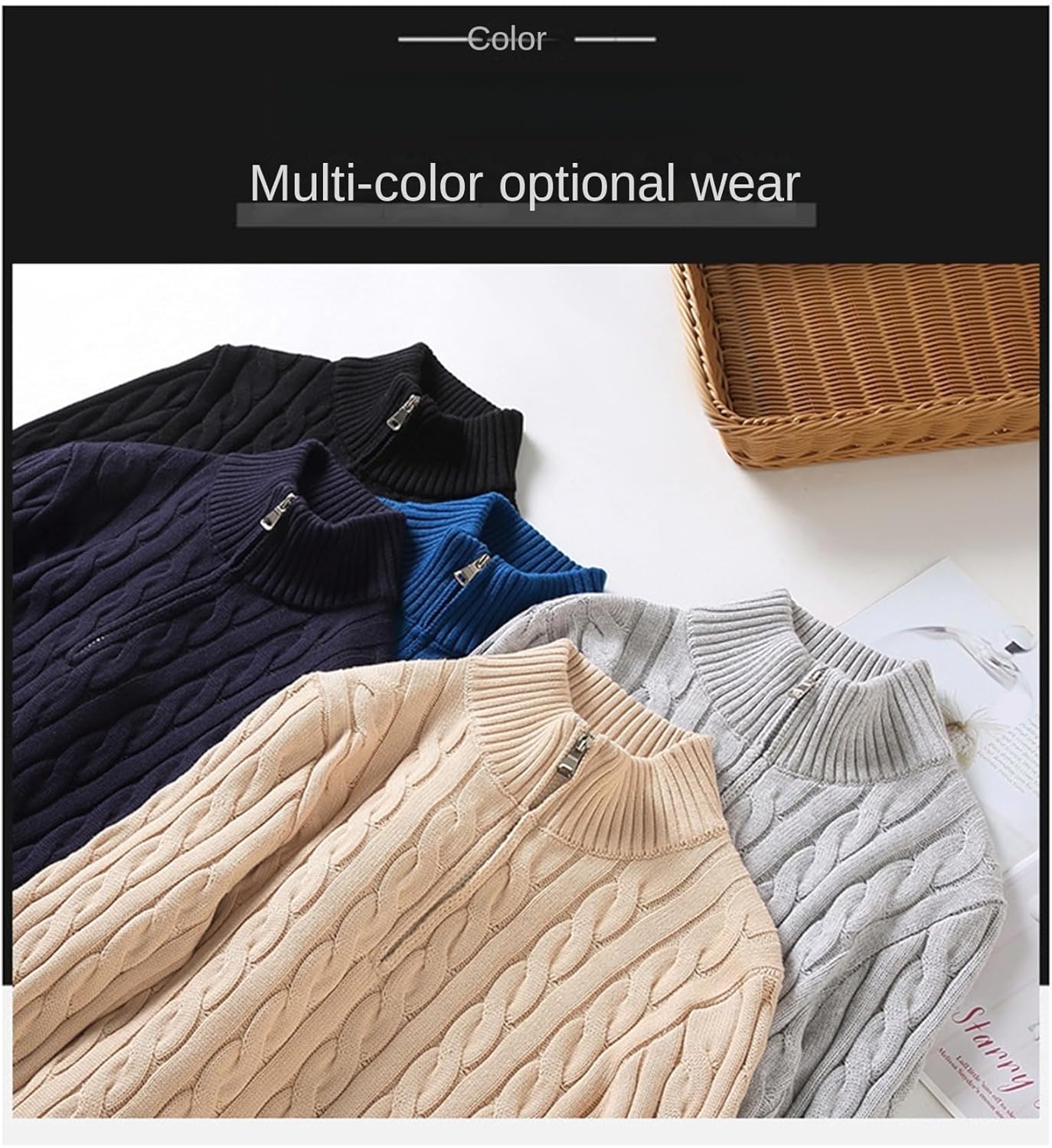 Men's Casual Knitwear, Classic Texture Slim Fit Mock, Pure Cotton Soft Thermal Polo Sweater, Quarter Zip Pullover Sweaters