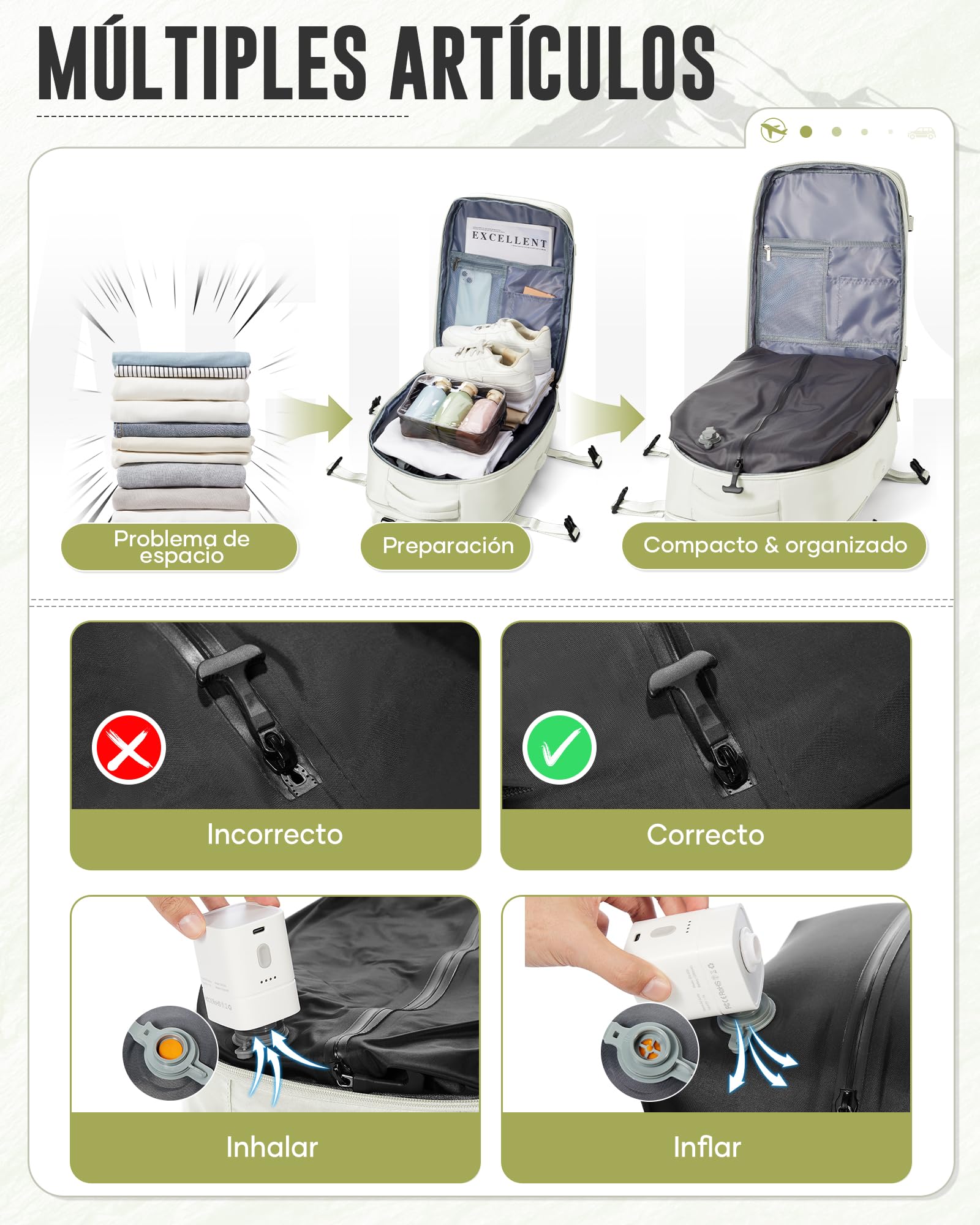 Mochila de Viaje al Vacío con Bomba, Impermeable Mochila de Compresión al vacío, Mochila Viaje Cabina 40x30x20 Ryanair con Sistema de Compresión Hombre y Mujer Beis
