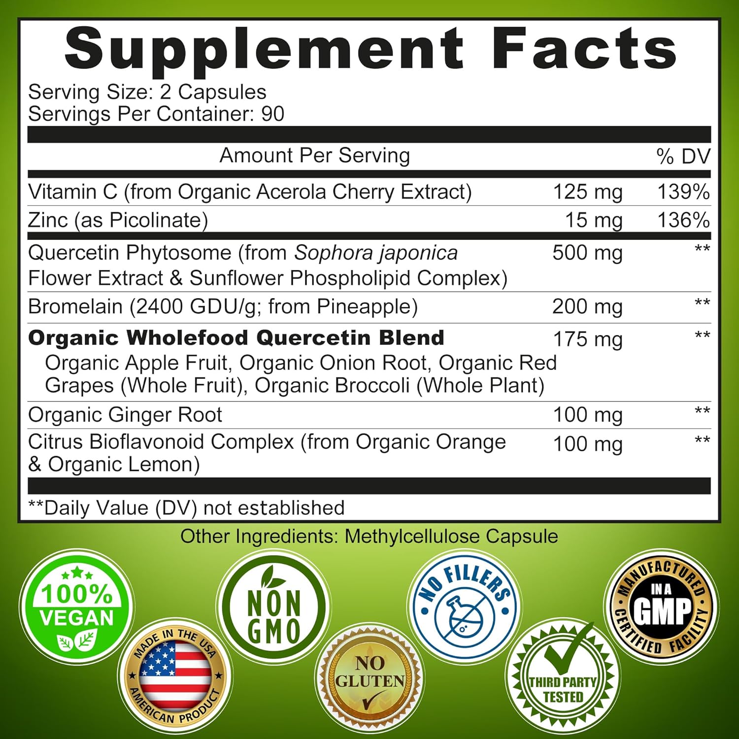 Quercetin with Bromelain Vitamin C and Zinc Enriched with Organic Whole Foods - 1215mg per Serving - Quercetin Phytosome 500mg Capsules with Ginger and Flavonoids for Immune Support - 180 count - Image 6