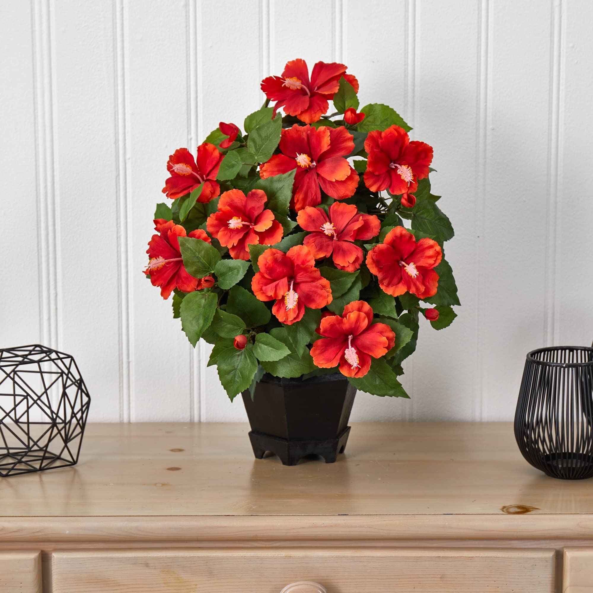 Amazon.co.jp: ほぼ天然のハイビスカス 黒い六角形の花瓶 シルク植物