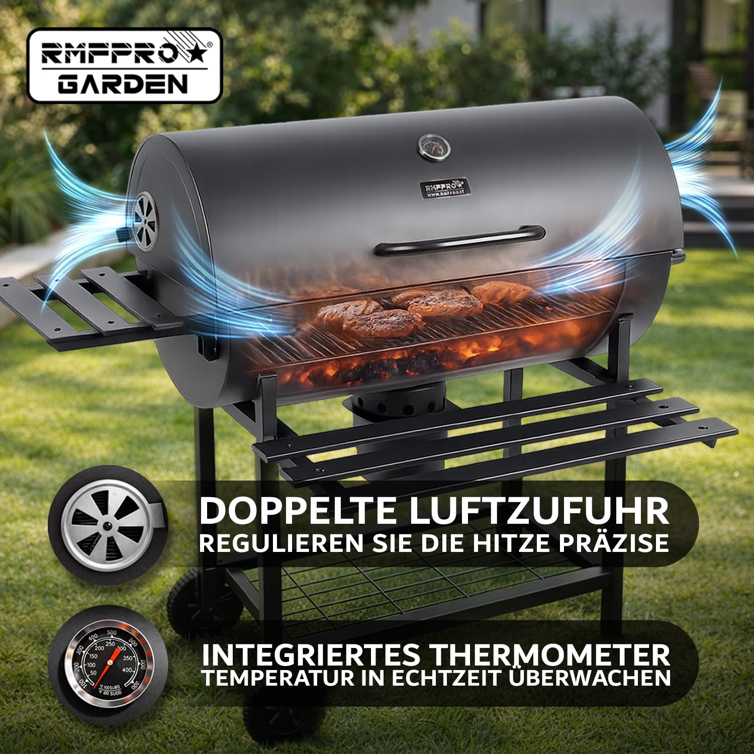 RMF Holzkohlegrill mit XL-Grillrost und integriertem Thermometer - Inklusive Zubehör-Kit und Abdeckung, robuster Stahlwagen mit Rädern, klappbare Seitenablagen, Ascheauffangschale
