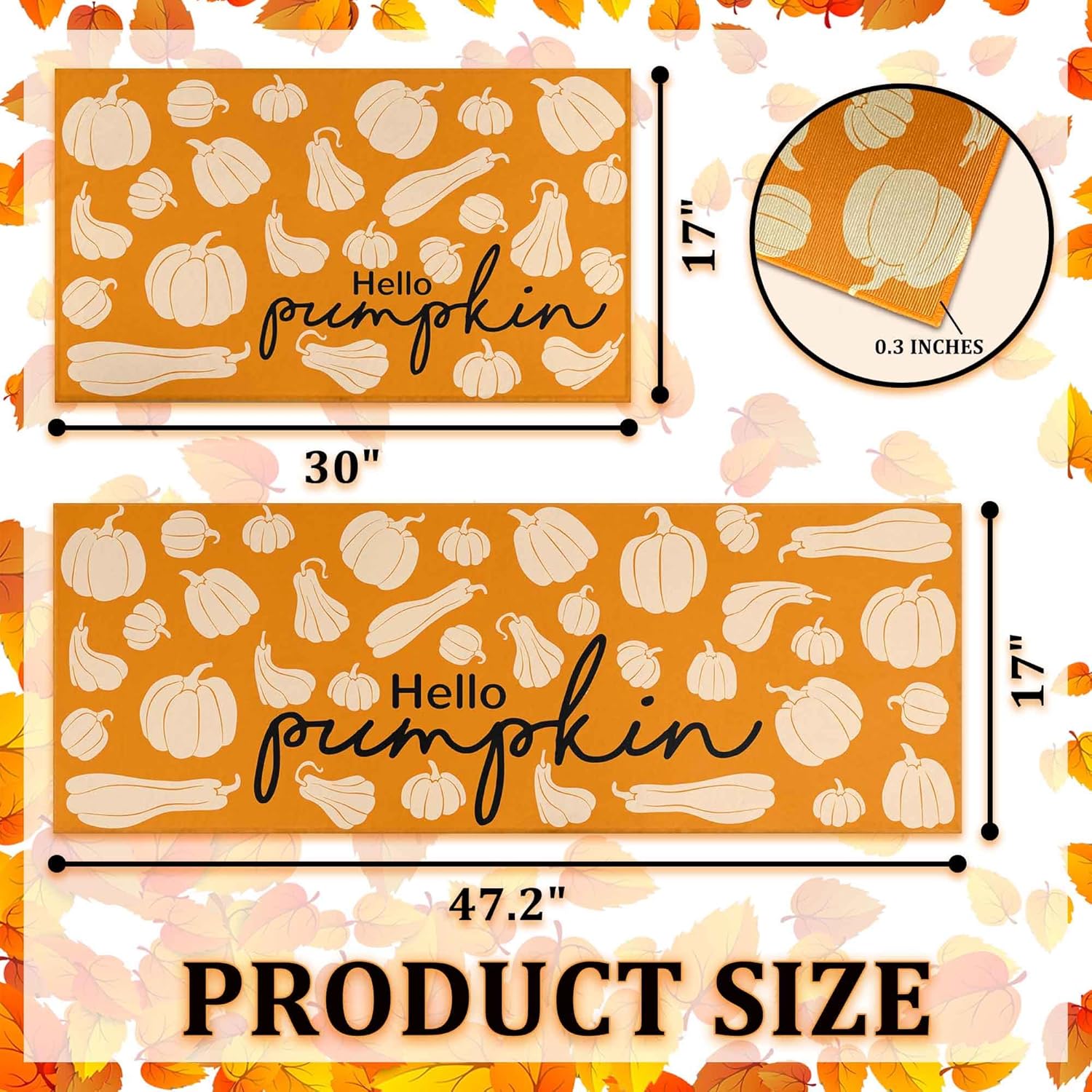 Fall Kitchen Rugs, Fall Decorations for Home Fall Kitchen Mats Set of 2, Non-Slip Backing Autumn Pumpkin Floor Mat, Thanksgiving Decor Holiday Rug 17"x47.2"+17"x30"