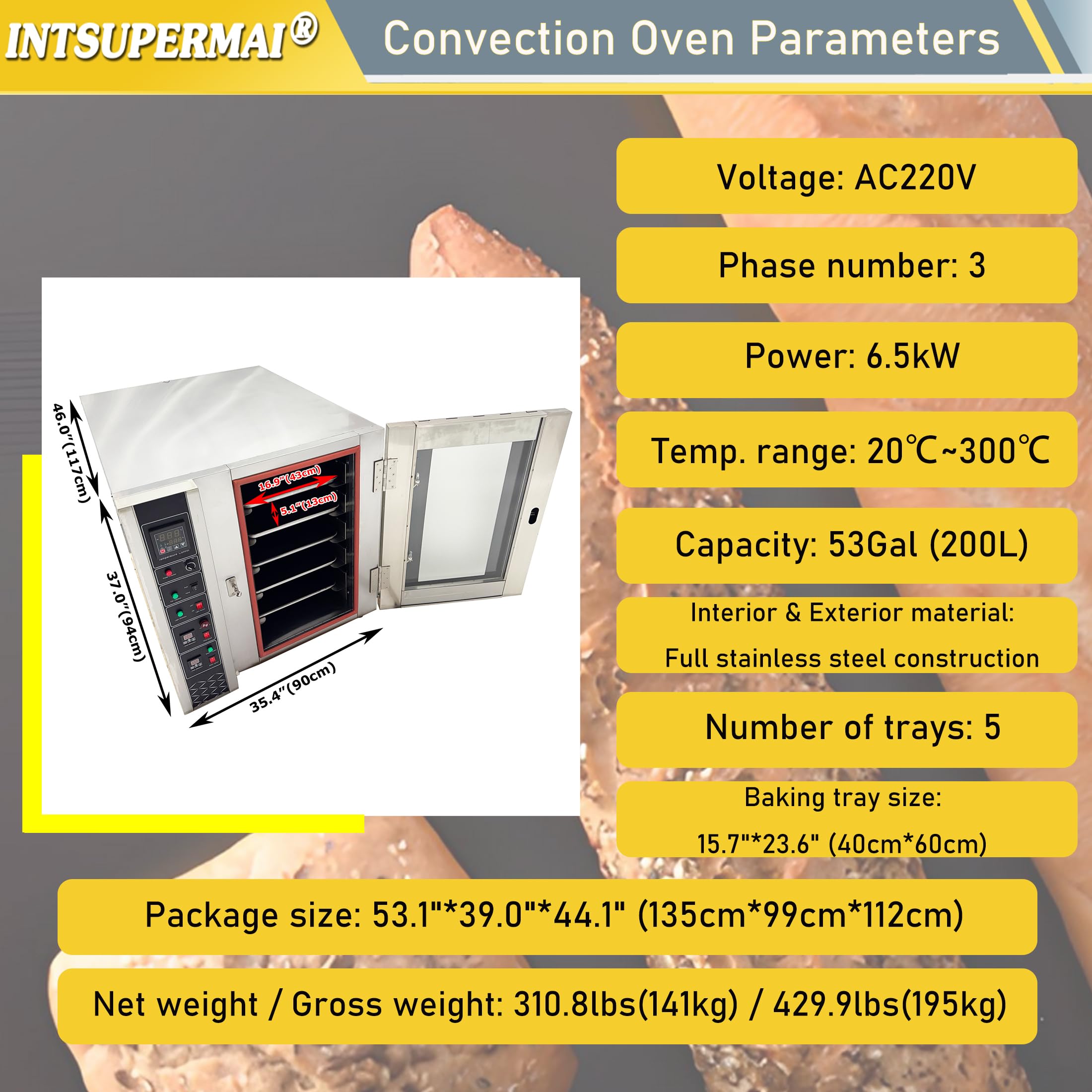INTSUPERMAI Commercial Convection Oven Electric 5 Trays Steam Hot Air Circulation Oven 200L Stainless Steel Auto-Temp Control for Bakeries & Restaurants 220V 3-Phase