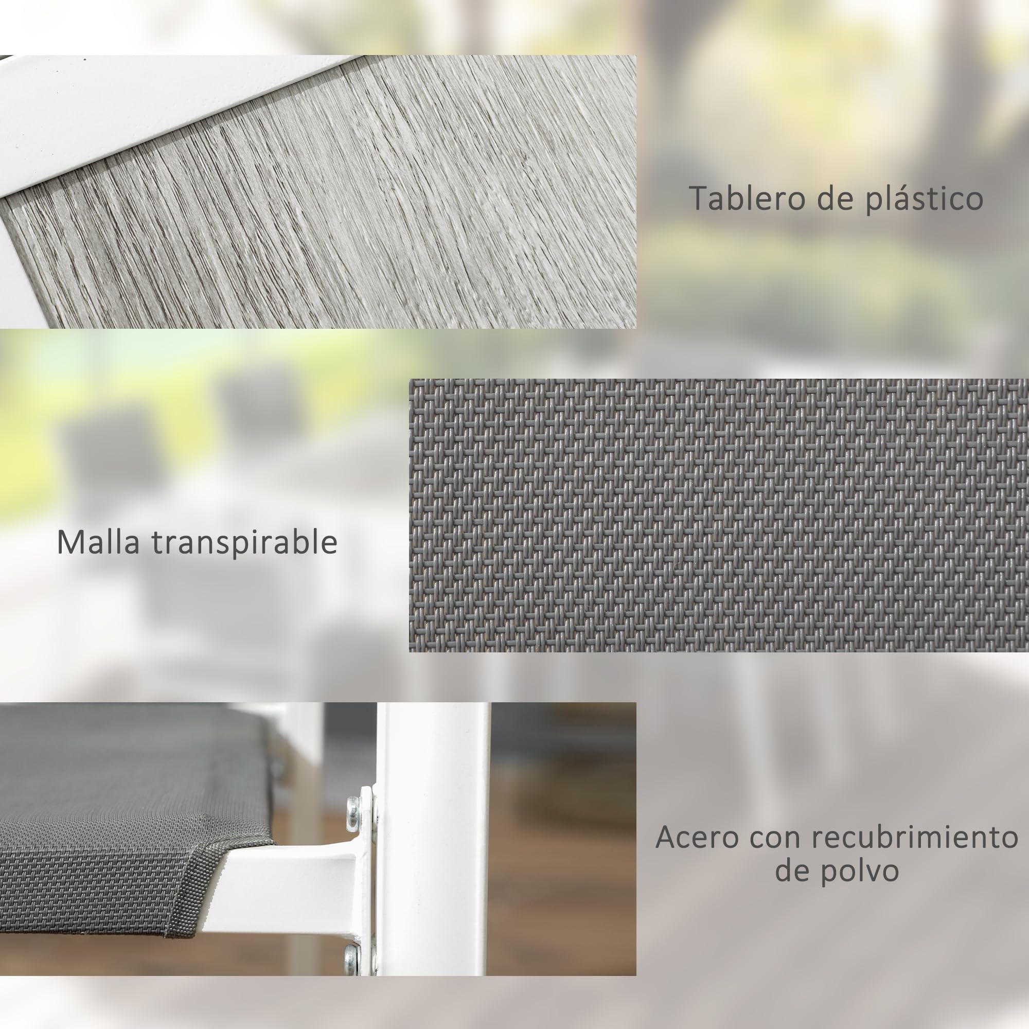 Outsunny Conjunto de Comedor de Exterior Juego de Comedor de Jardín de 7 Piezas con 6 Sillas Apilables y 1 Mesa Rectangular Estilo Moderno para Patio Terraza Blanco y Gris