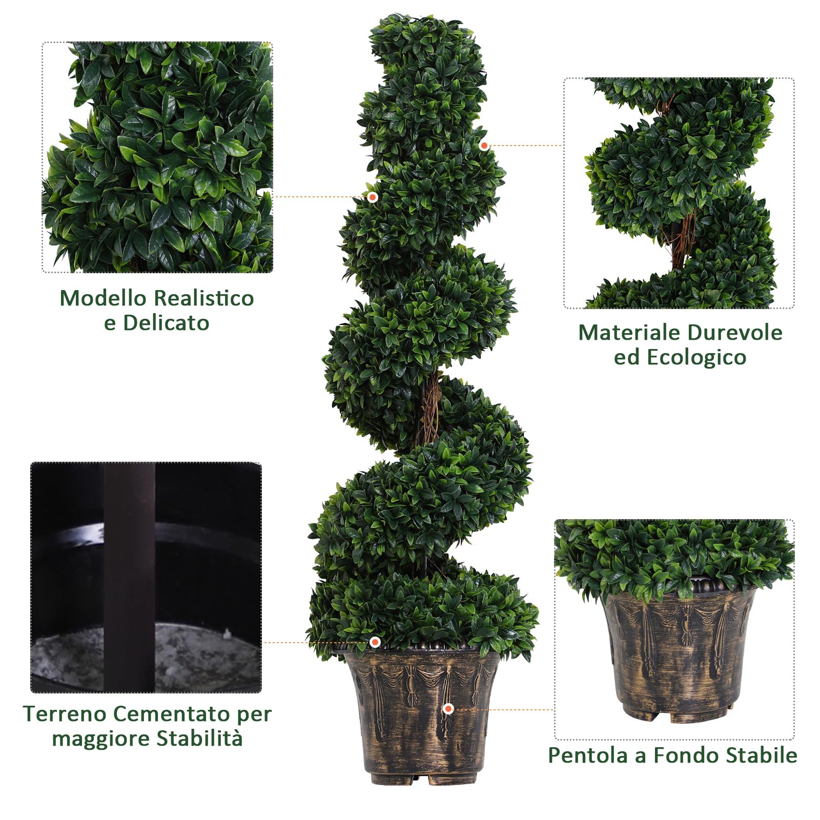 Outsunny Set 2 Piante Finte da Interno di Bosso a Spirale 120cm Verde | Piante Artificiali per Interno ed Esterni, Vaso Incluso, Pianta Finta per Decorazione Casa, Ufficio, Soggiorno, Giardino