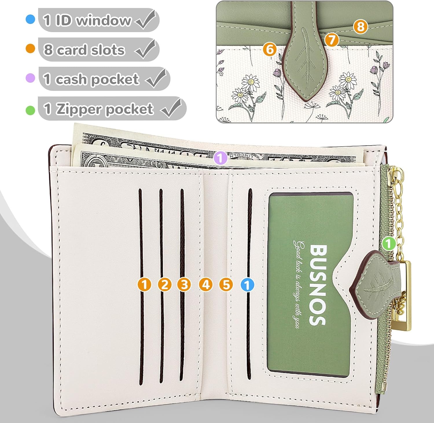 Women's Wallet Small Wallets for Women Cute Flower Ladies Women's Wallets Green Bifold Wallet Womens With Zipper Coin Pocket Purses Card Holder for Women - Image 4
