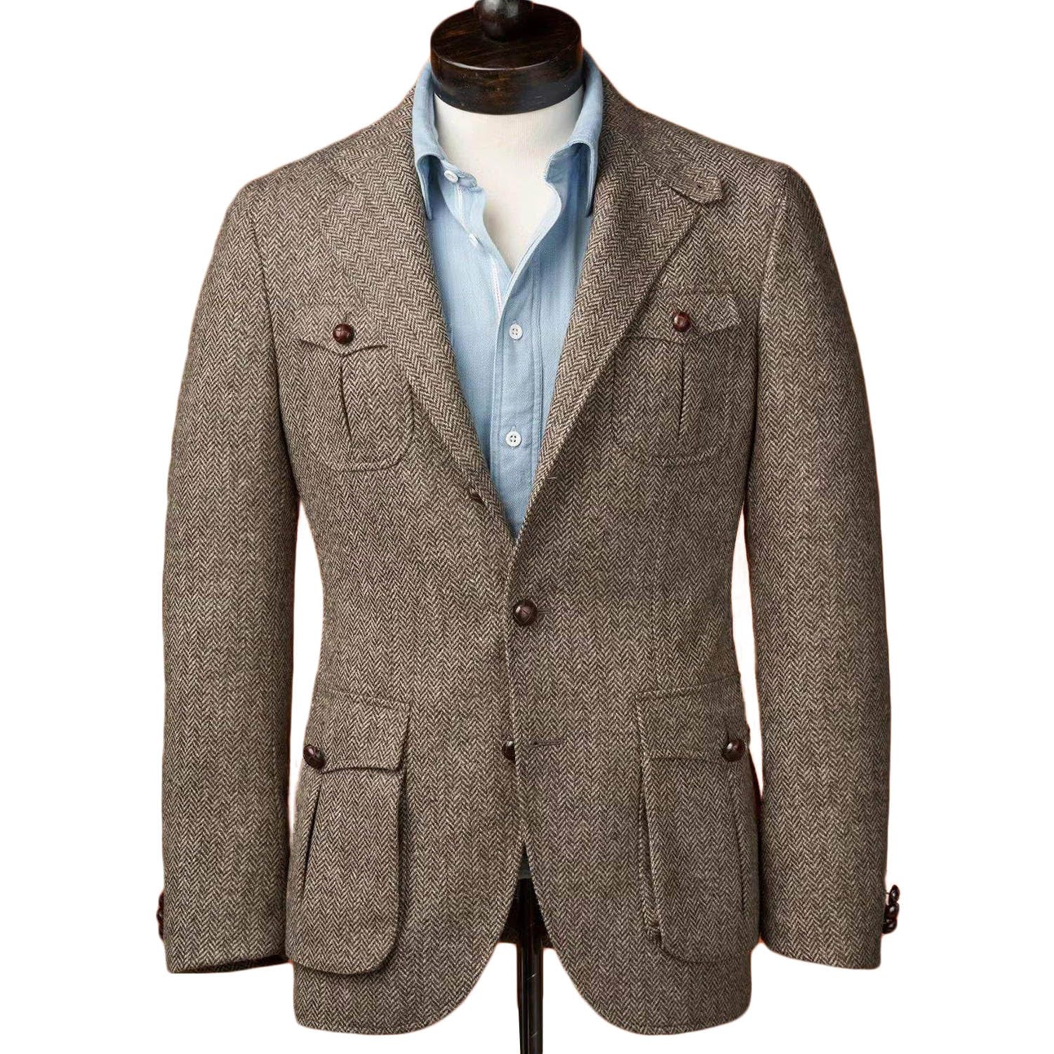 Manteaux de sport en tweed à chevrons pour homme - Deux boutons - Style décontracté - En laine mélangée - Marron - Vintage