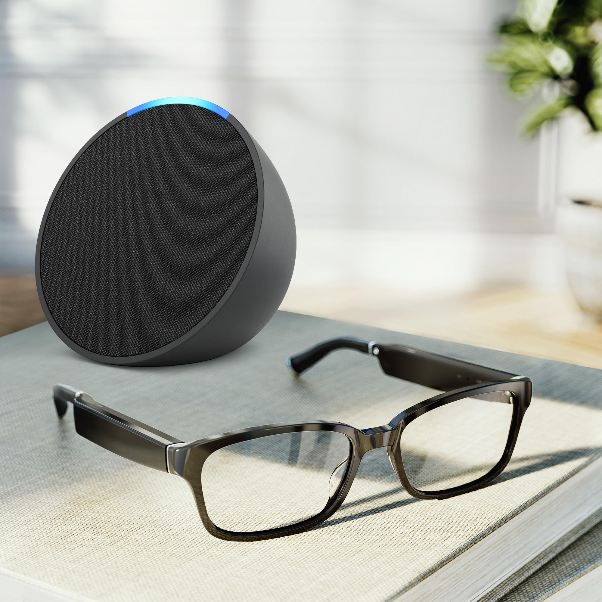 Amazon Echo Frames (3rd Gen) + Echo Pop | Smart Glasses with Alexa | Rectangle frames in Classic Black with prescription ready lenses